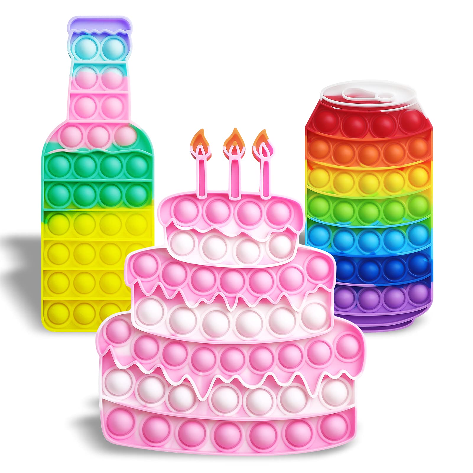 XNMOA Push Poppet Fidget Toys - 3 Pack Sensory Stress Relief Toys for Kids & Adults | Birthday Cake & Beer Bubble Poppers for Girls & Boys | Anxiety Relief, Autism, ADHD, Office & Travel Use