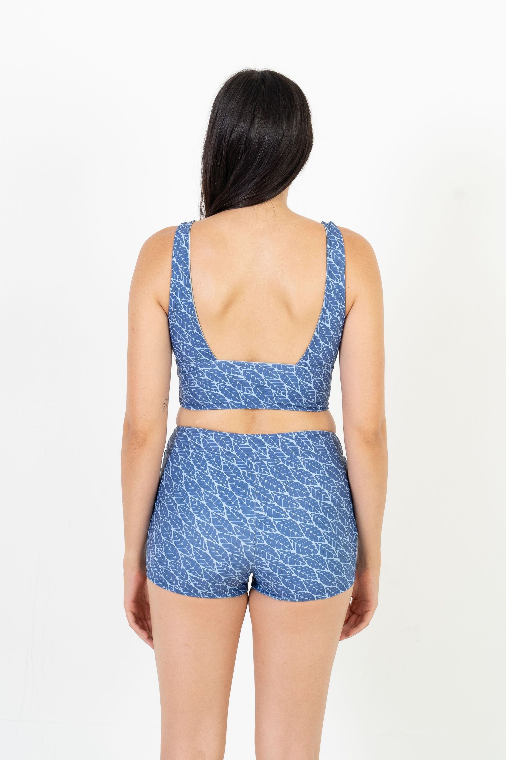 Reversible Sipadan Crop Bikini Top - Blue Canopy & Geometric Olive Print | Swimwear for Beach, Pool & Summer Vacations