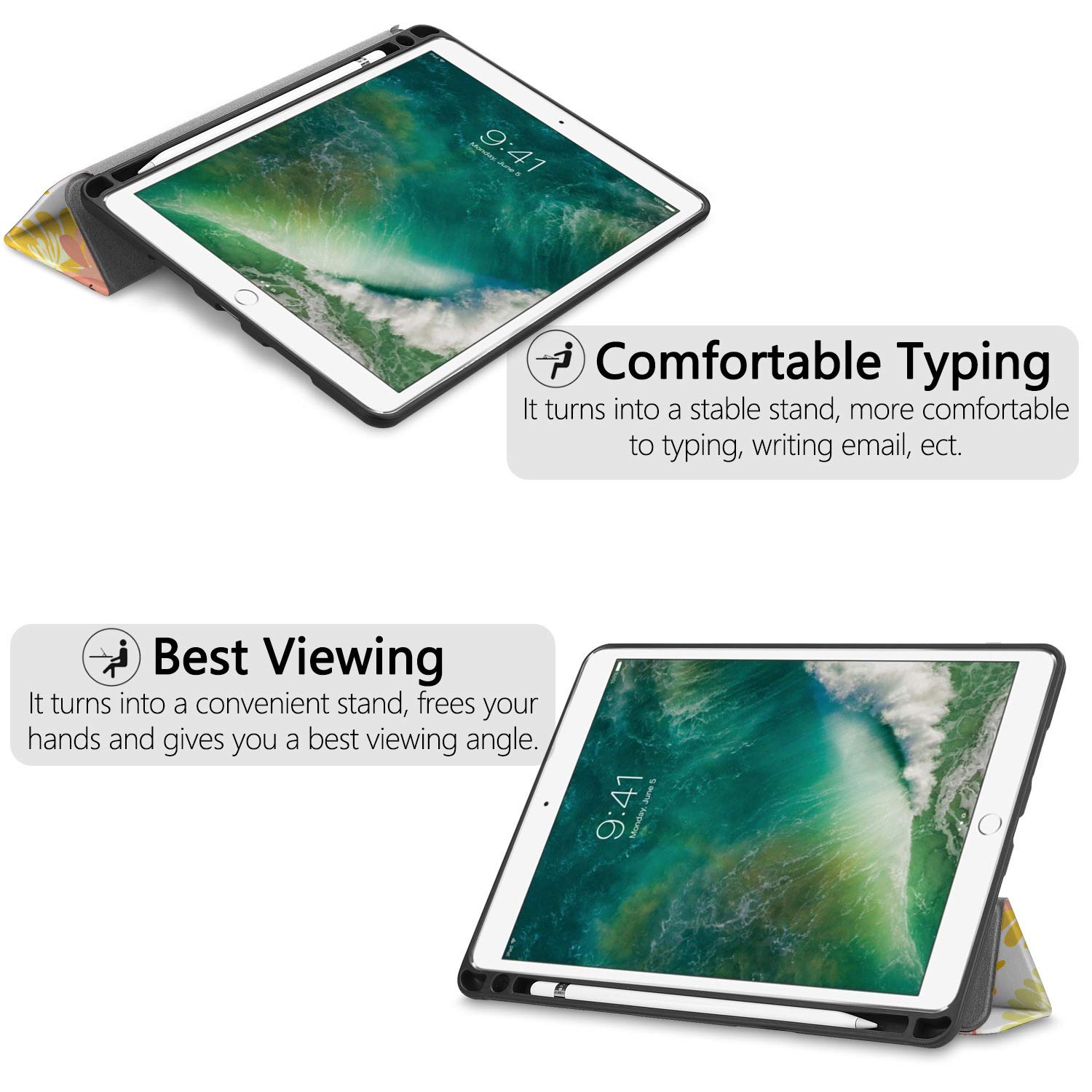 Batianda iPad Pro 11 Case 2018 2020 2021 - Premium PU Leather Folio Cover with Pencil Holder, Auto Wake/Sleep & Folding Stand | Hard Shell Protection for New iPad Pro 11 Inch | Watercolor Flower Design | Perfect for Work, Travel & Home Use