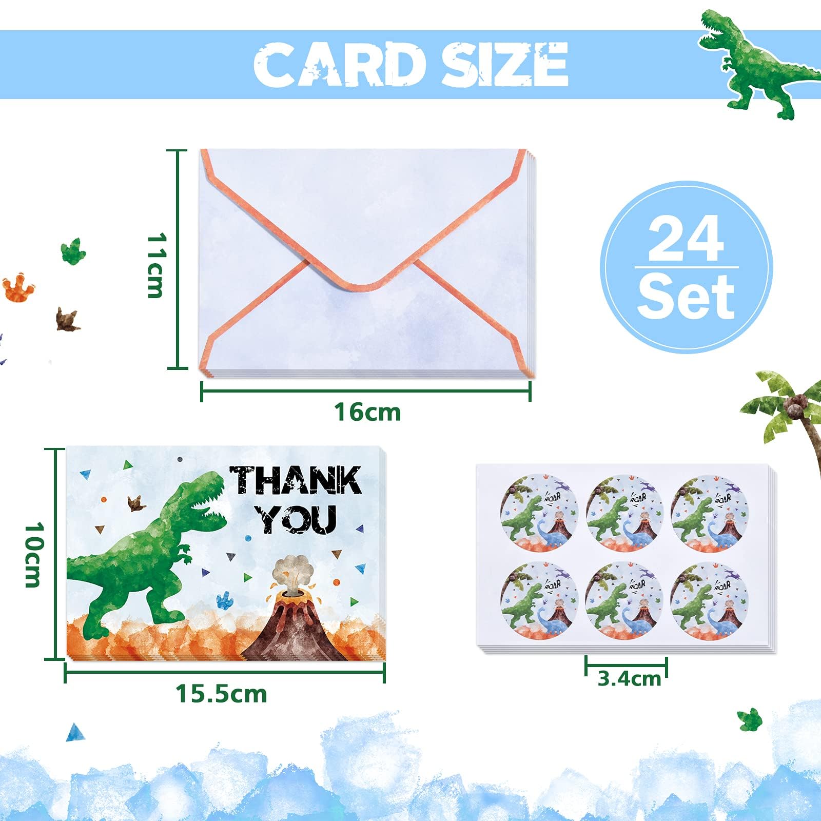 WERNNSAI Dinosaur Thank You Cards - Set of 24 Blank Watercolor Dino Note Cards with Envelopes (11×16cm) for Kids Birthday Parties, Baby Showers, Graduations & Appreciation Gifts