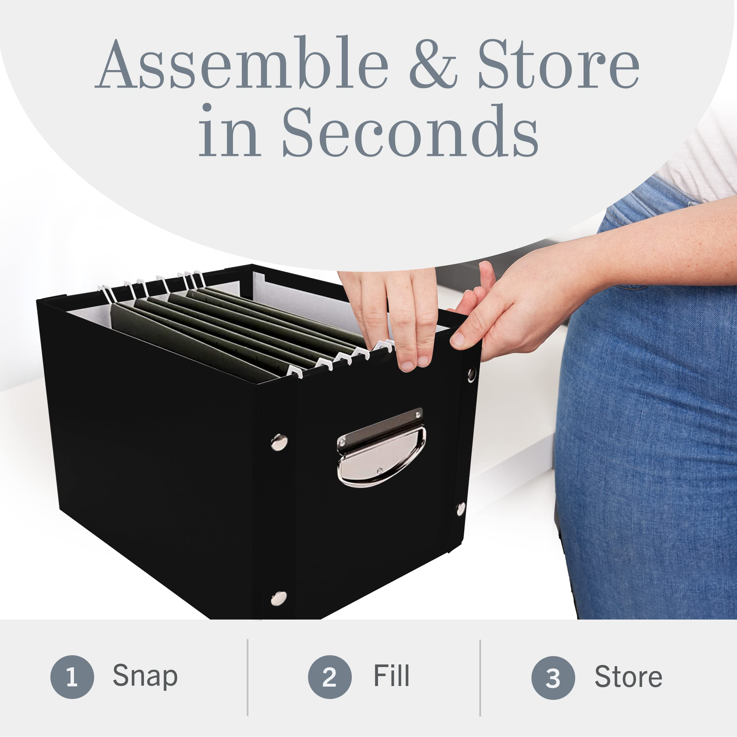 Snap-N-Store File Storage Box & Organizer - 1 Pack - 16.125 x 13.125 x 9.875 Inch Letter/Legal Size Portable File Box with Lid for Office Documents, School Supplies & Home Organization - Durable Glossy Black Storage Solution for Students, Teachers & Professionals