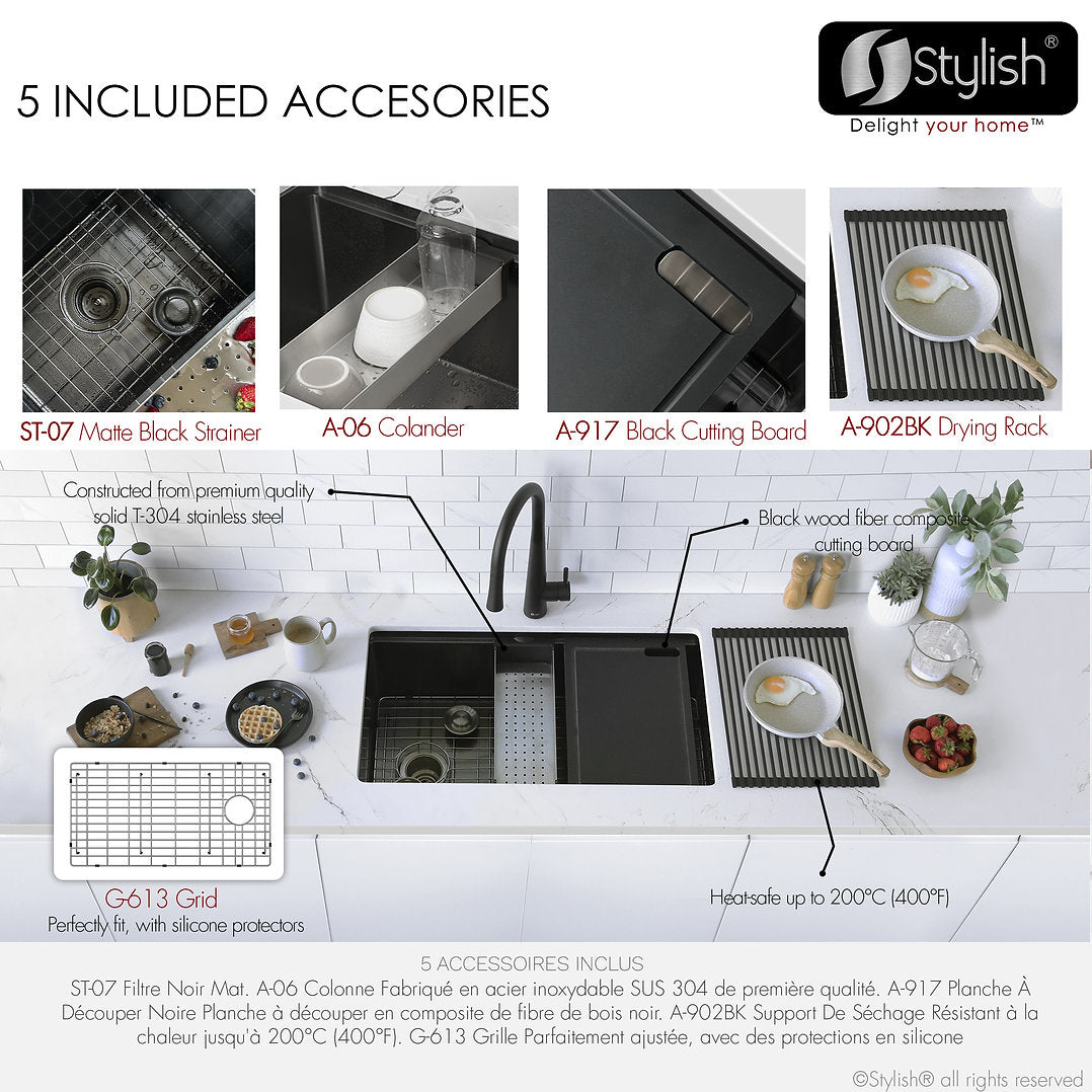 Versa33 S 613WNK 33-Inch Undermount Single Bowl Kitchen Sink in Graphite Black - Includes Accessories for Modern Home Cooking & Entertaining