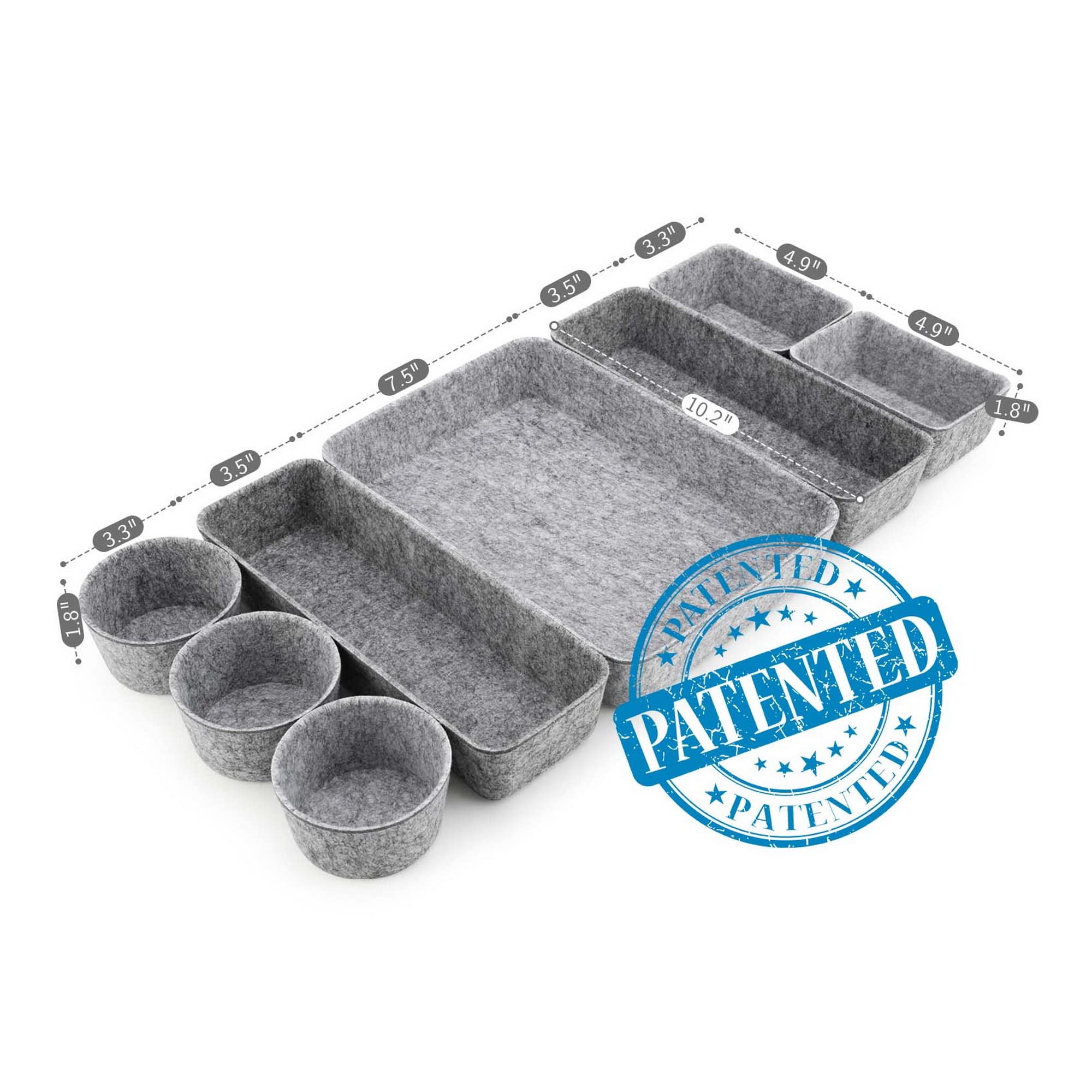 Welaxy 8-Piece Gray Felt Desk Drawer Organizer Trays - Shallow Dividers for Office Supplies, Jewelry, Watches - Multi-Purpose Storage Solution for Home & Office Organization