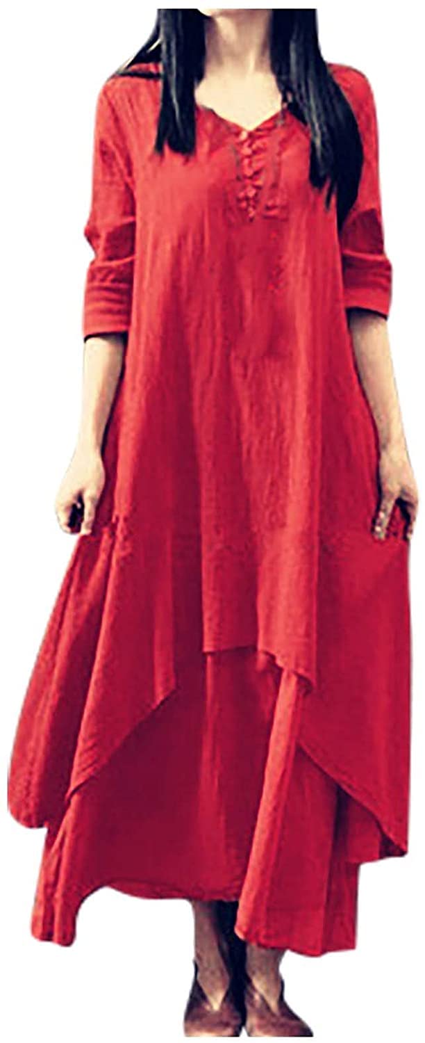 Women's Plus Size Cotton Linen Boho Dress - Long Sleeve Loose Caftan Beach Cover Up with Irregular Hem | Perfect for Summer Vacation, Poolside Lounging & Casual Outings