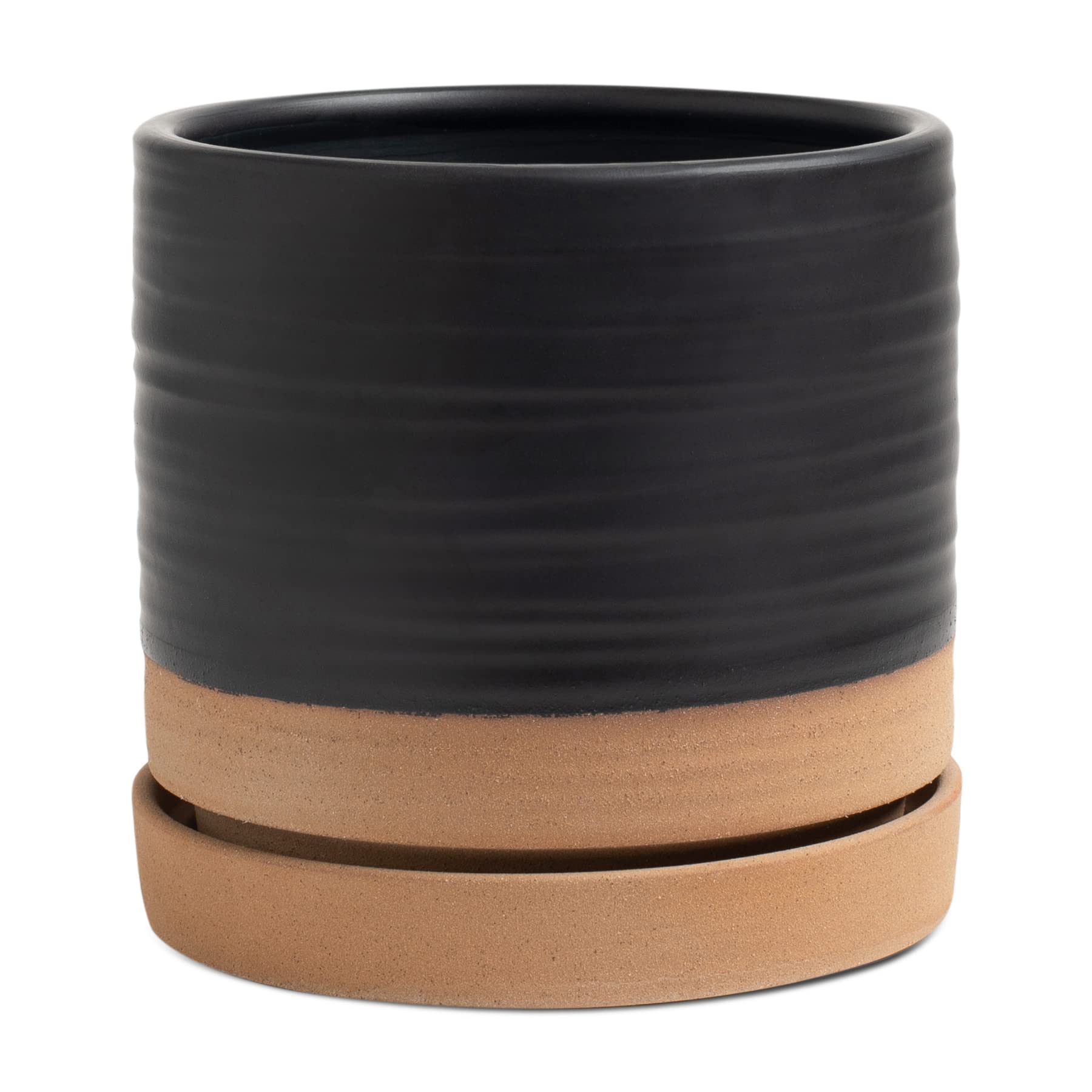 6 Inch Ceramic Plant Pots with Drainage Hole & Saucer - Indoor/Outdoor Cylinder Round Planter for Succulents, Herbs, Flowers - Matte Black & Brown Modern Home & Garden Decor