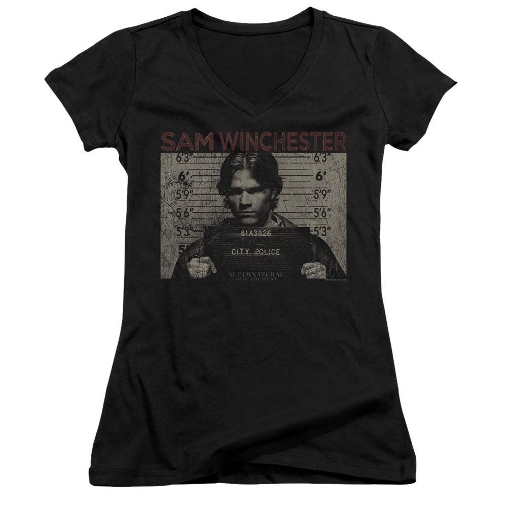 Supernatural Sam Mug Shot Juniors' Sheer Fitted V-Neck T-Shirt | TV Show Merchandise for Fans | Casual Wear & Cosplay Outfits