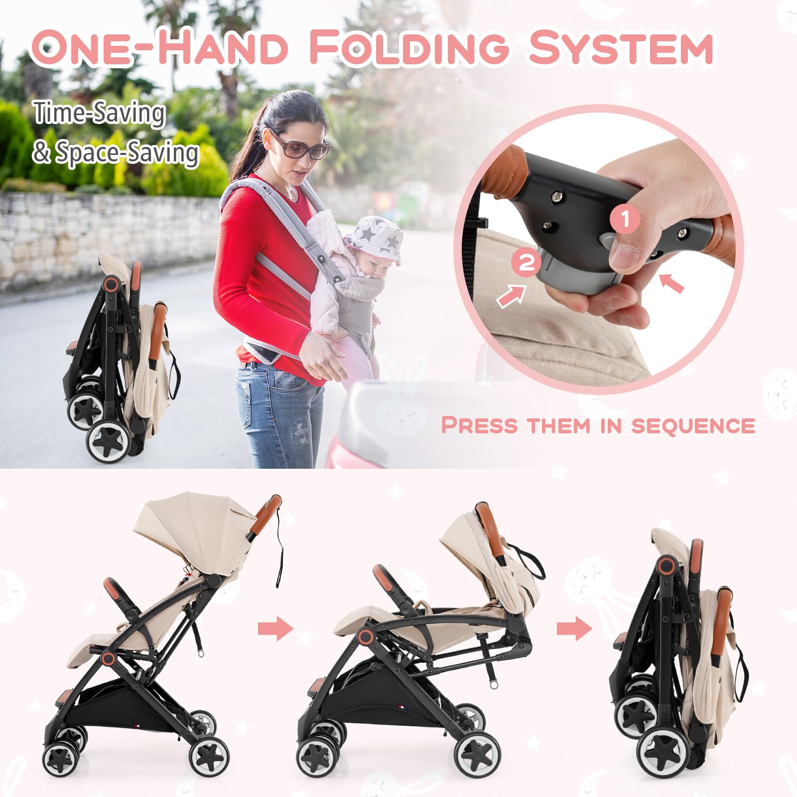 HONEY JOY Lightweight Baby Stroller - Compact One-Hand Fold Travel Stroller for Airplane, Fits Cabin & Overhead Bins, Self-Standing Toddler Stroller with Adjustable Backrest & Canopy (Beige) - Perfect for Air Travel, Shopping, and Daily Walks