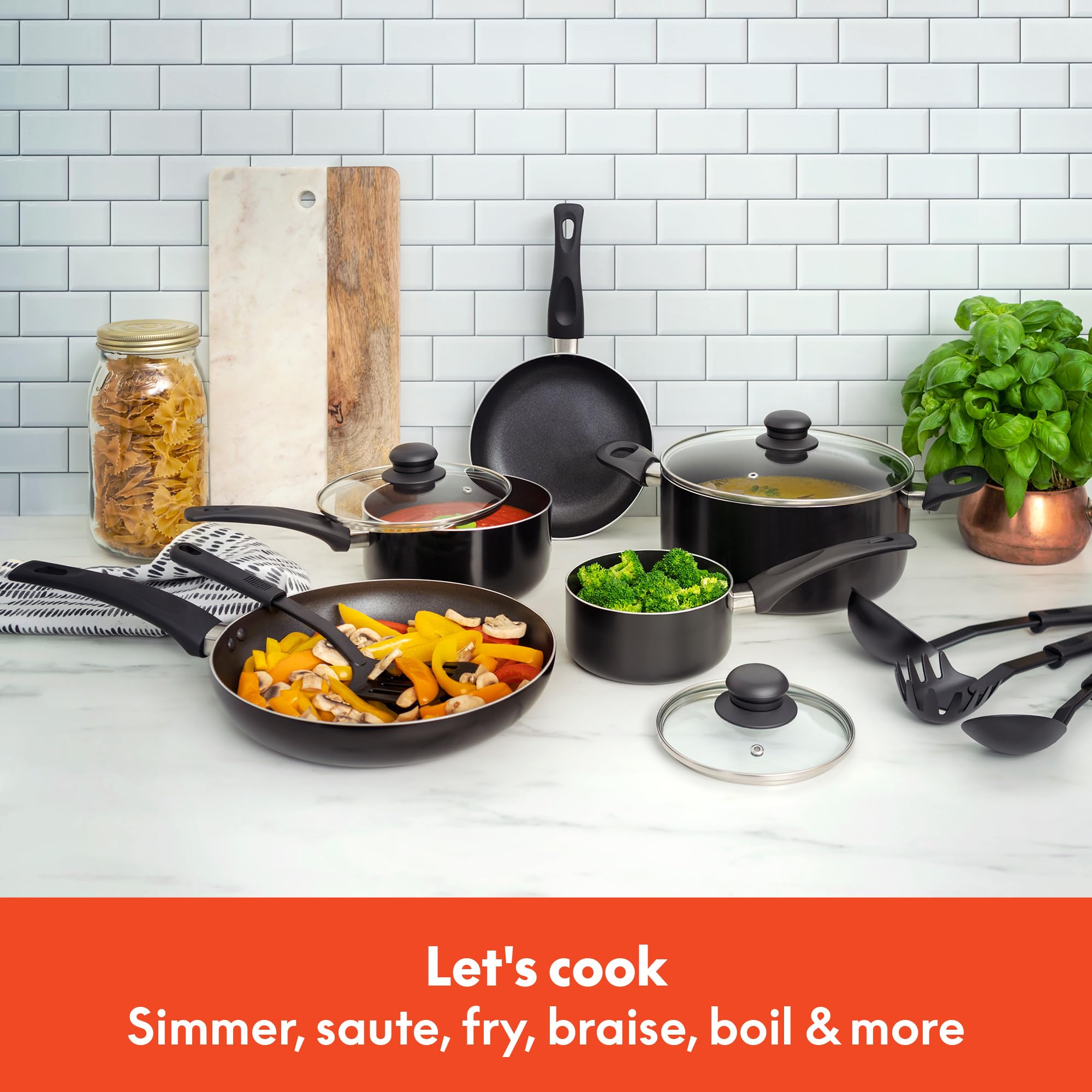 Bella 12-Piece Nonstick Cookware Set - PFOA-Free Pots and Pans with Utensils, Scratch-Resistant Aluminum Cooking Surface for Gas, Electric & Induction Stoves - Perfect for Everyday Cooking, Family Meals & Professional Kitchens