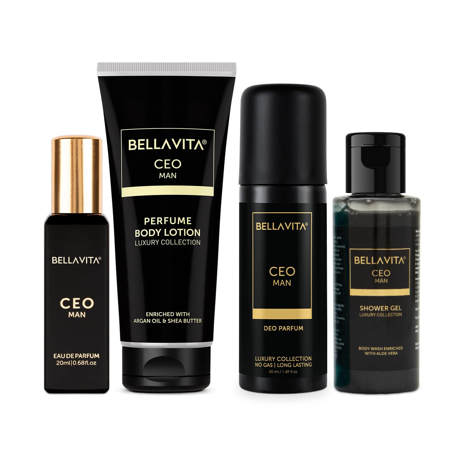 BELLAVITA CEO Man Travel Size Gift Set - Shower Gel 55ml, EDP Perfume 20ml, Deodorant Body Spray 50ml & Body Lotion 50ml - Perfect for Business Travel, Gym & Weekend Getaways