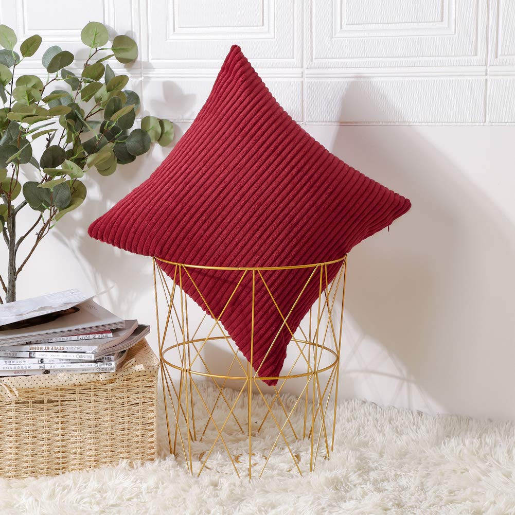Artscope Cozy Striped Corduroy Pillow Covers 16x16 Inches - Super Soft Decorative Square Throw Pillow Cases for Sofa, Couch, Bed & Car - Burgundy - Perfect for Home Decor, Living Room Accent & Cozy Comfort