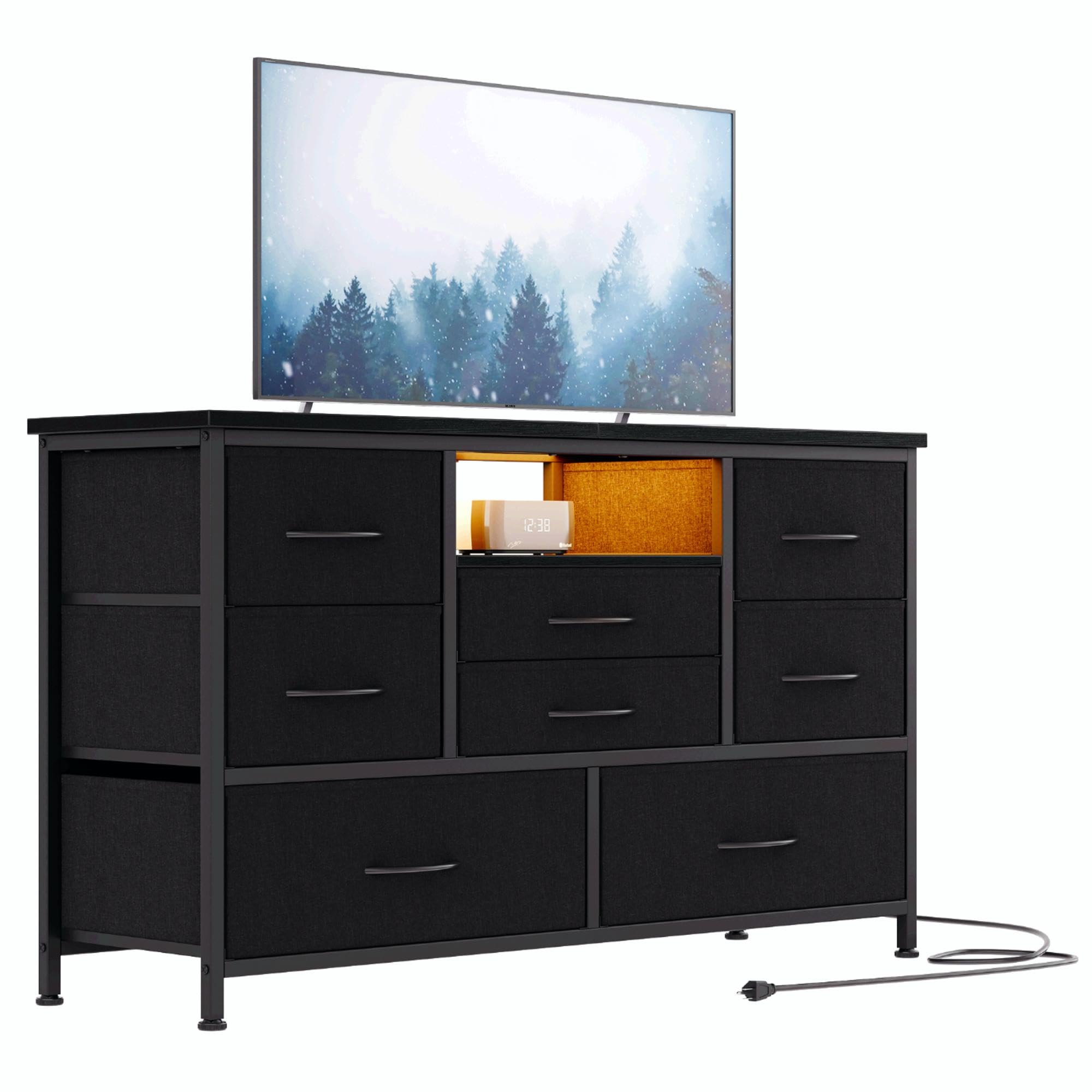 Jojoka 8-Drawer TV Stand with Power Outlet & LED Lights for 55-Inch TVs - Long Wooden Dresser for Bedroom Storage - Wide Console Table with Deep Drawers for Living Room, Entryway & Closet Organization - Perfect for Home Entertainment & Storage Solutions