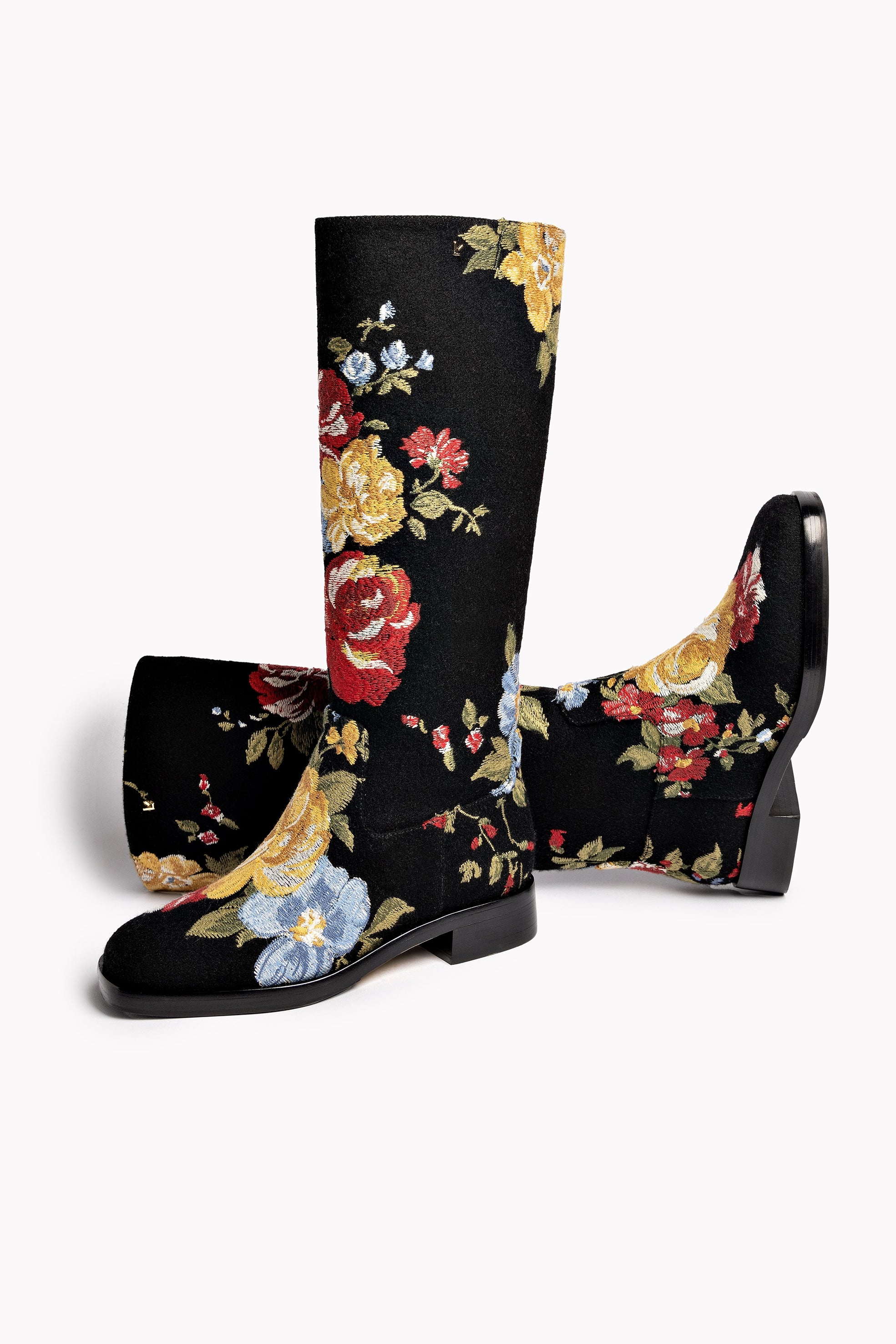 Larroudé x Markarian Black Wool Flat Boot with Floral Embroidery - Stylish Winter Boots for Women, Perfect for Office, Date Night and Casual Outings