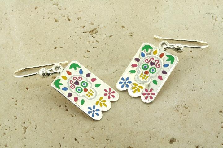 Stylish Day of the Dead Rectangle Drop Earrings - Handmade Mexican Sugar Skull Dangle Earrings for Women - Perfect for Halloween, Dia de los Muertos Celebrations & Festival Outfits