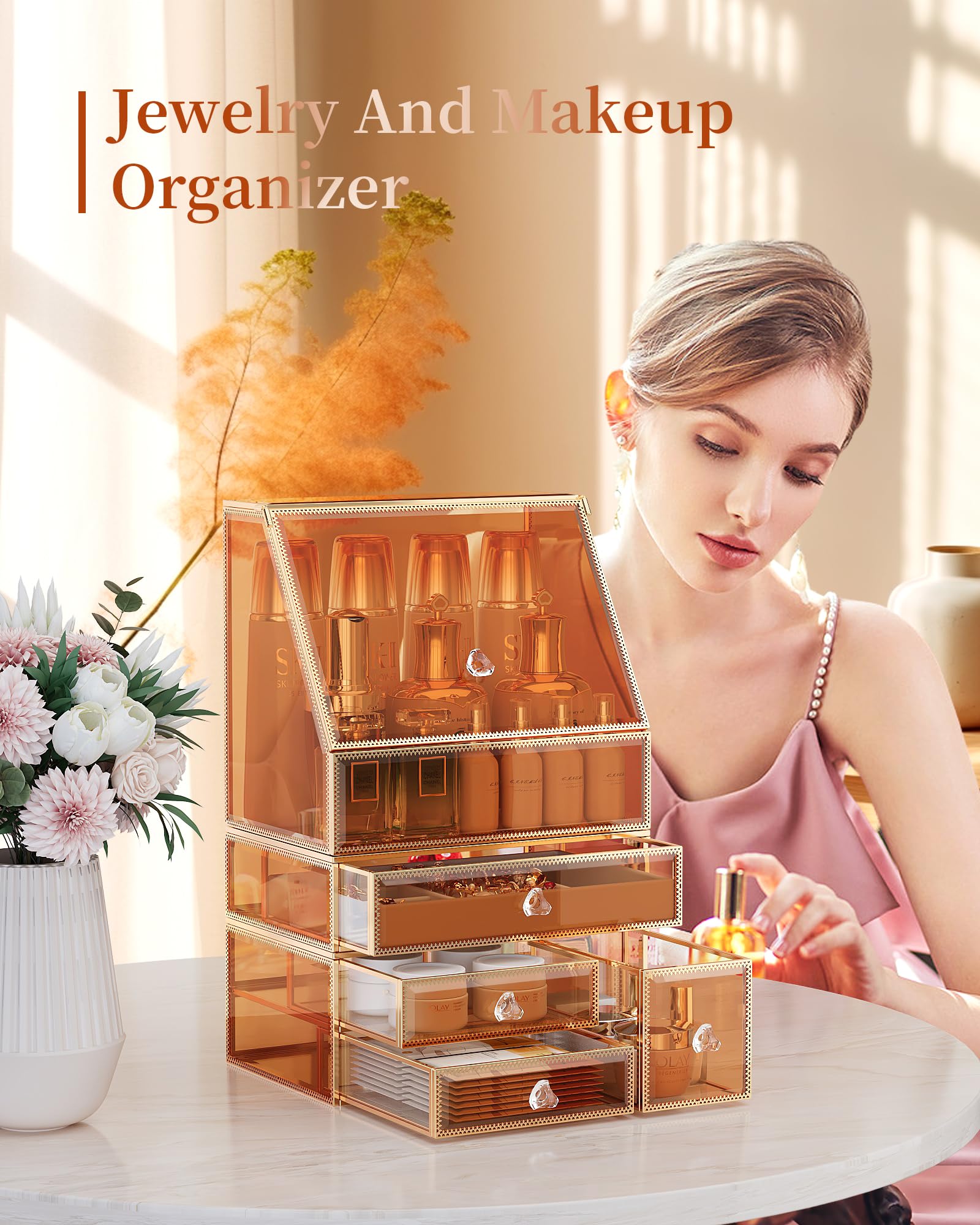 Elegant Tempered Glass Vanity Makeup Organizer - Stackable Cosmetic Storage for Bathroom Countertop, Skincare, Jewelry, Lipstick, Perfume & Makeup Brushes - Perfect Organizing Gift for Home, Spa & Travel