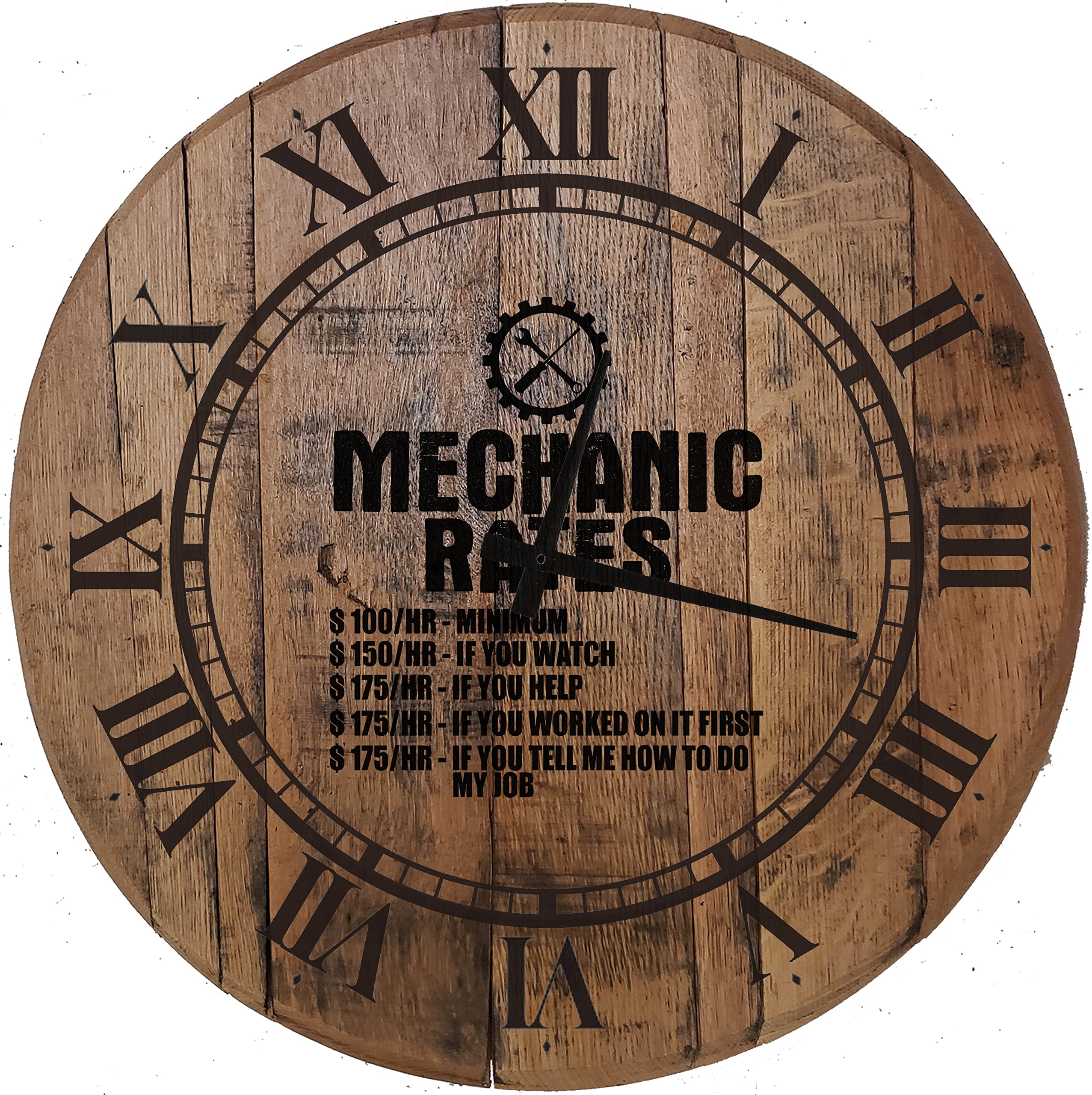 EVH Prints Wood Wall Clock - Funny Mechanic Rates '$100/Hr Minimum' - Professional Tradesman Decor - Authentic Whiskey Barrel Head Wall Art (22 Inches) - Perfect for Garage, Workshop & Man Cave Decor