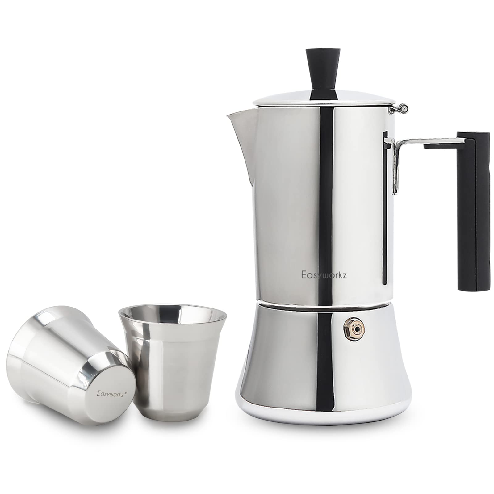 Easyworkz Pedro Stovetop Espresso Maker with 2 Stainless Steel Double Wall Insulated Demitasse Cups - Italian Coffee Maker for Home, Camping & Travel | Perfect Gift for Coffee Lovers