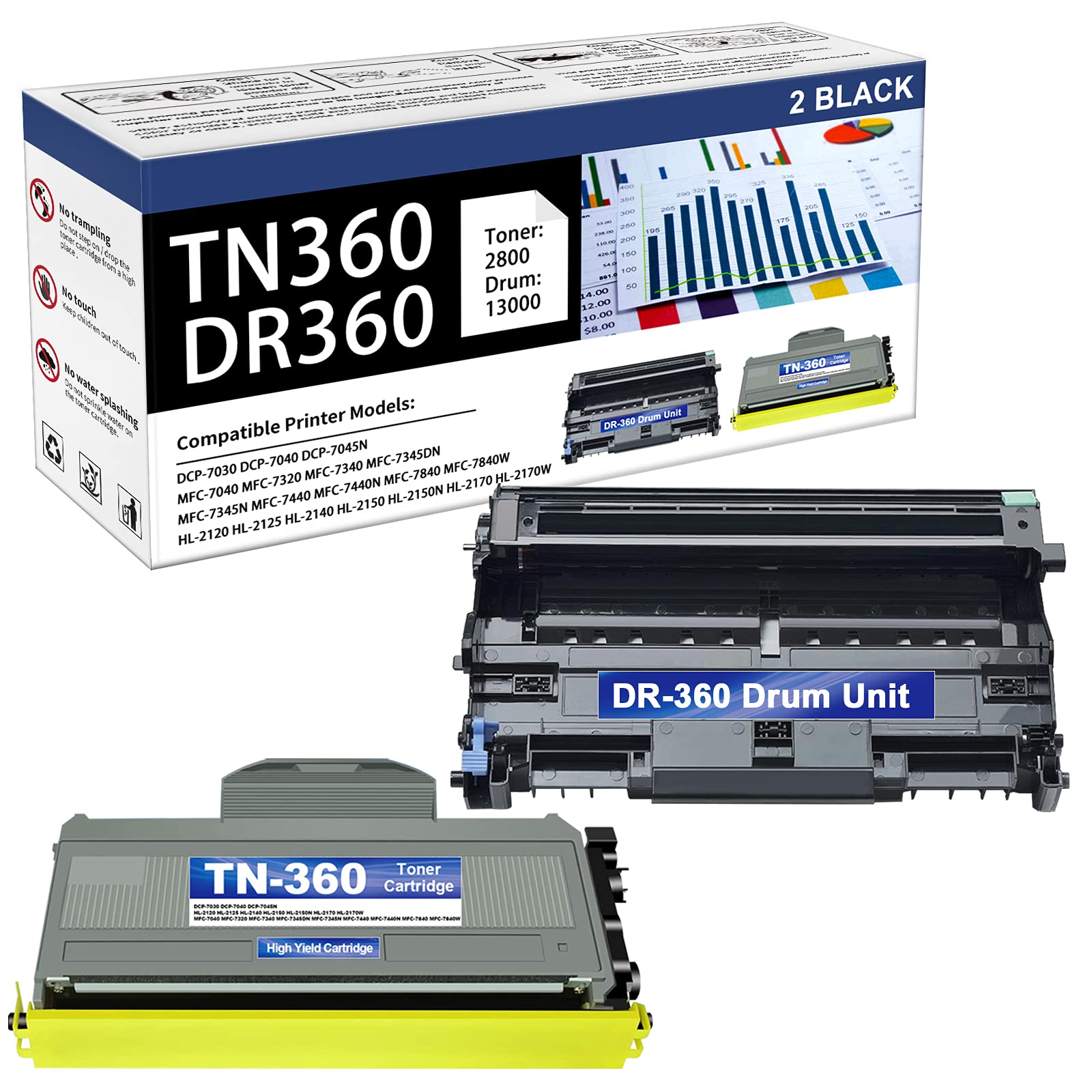 HOBBYUNION Compatible Toner & Drum Cartridge Replacement for Brother TN360 / DR360 (1-Black Toner, 1-Black Drum) - High-Quality Printing for Home & Office Use