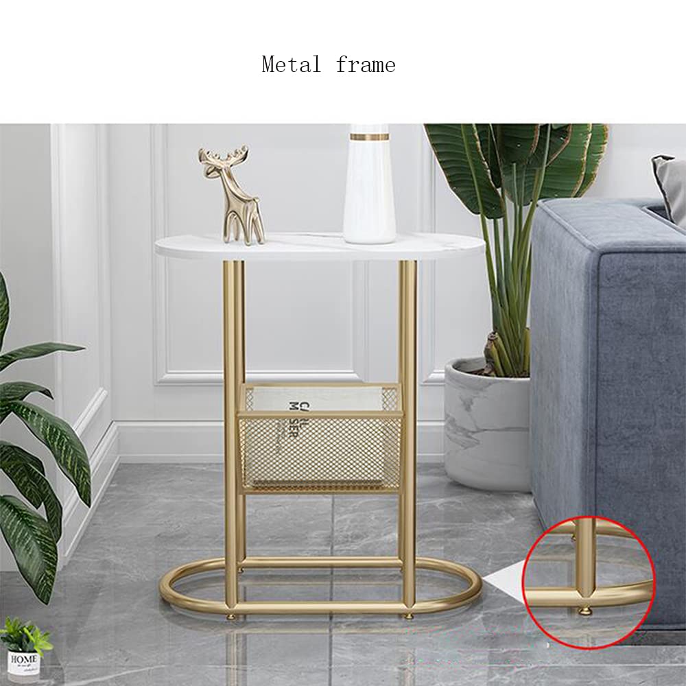 Modern 2-Tier Corner Table - Nordic Oval Bedside Table with Storage Shelf, Small Coffee Table & Side Cabinet for Living Room, Bedroom, Office - White
