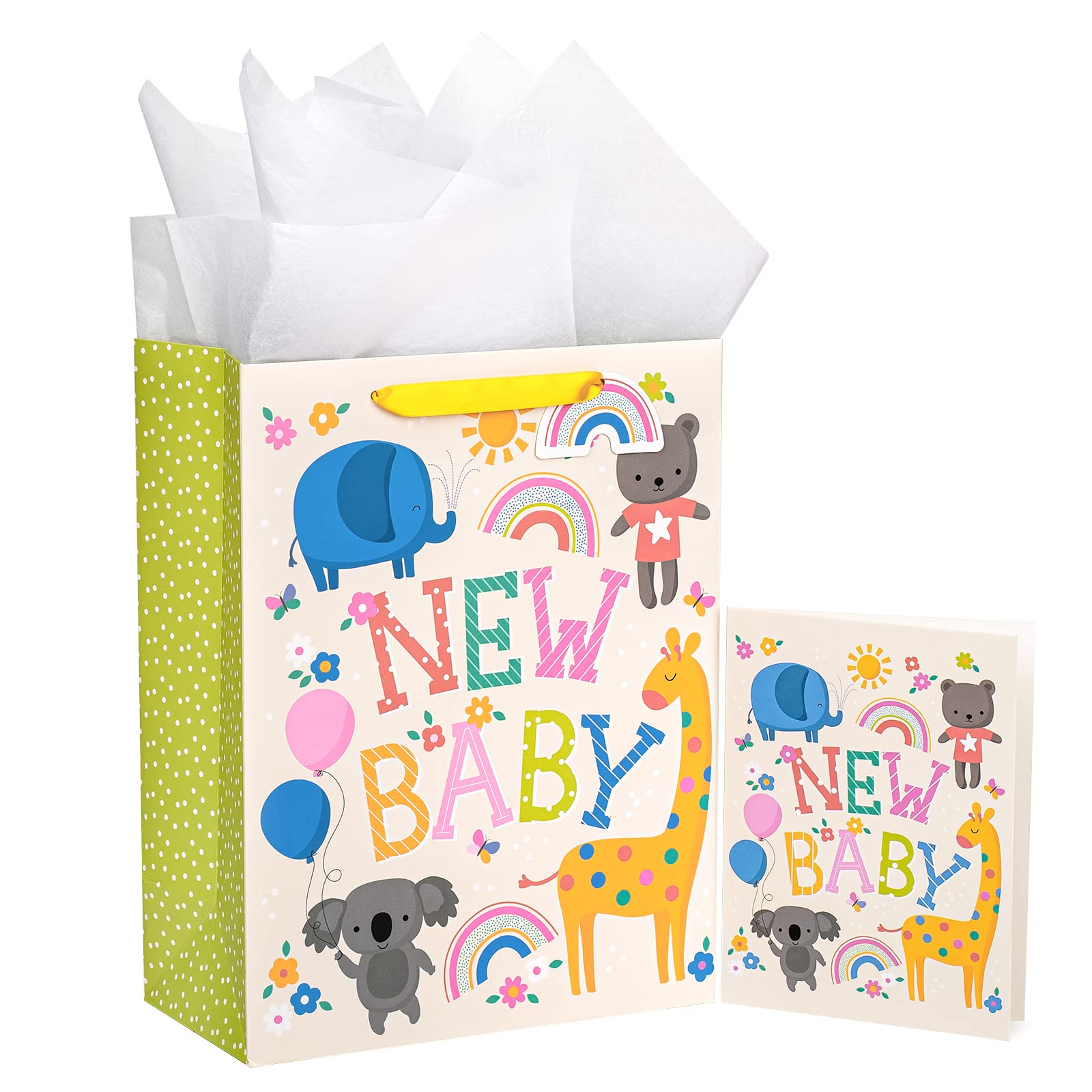 WRAPAHOLIC 13 Inch Large Baby Shower Gift Bags with Greeting Card & Tissue Paper - Adorable Elephant & Giraffe Designs - Perfect for Newborn Gifts, Baby Showers & Birthday Presents