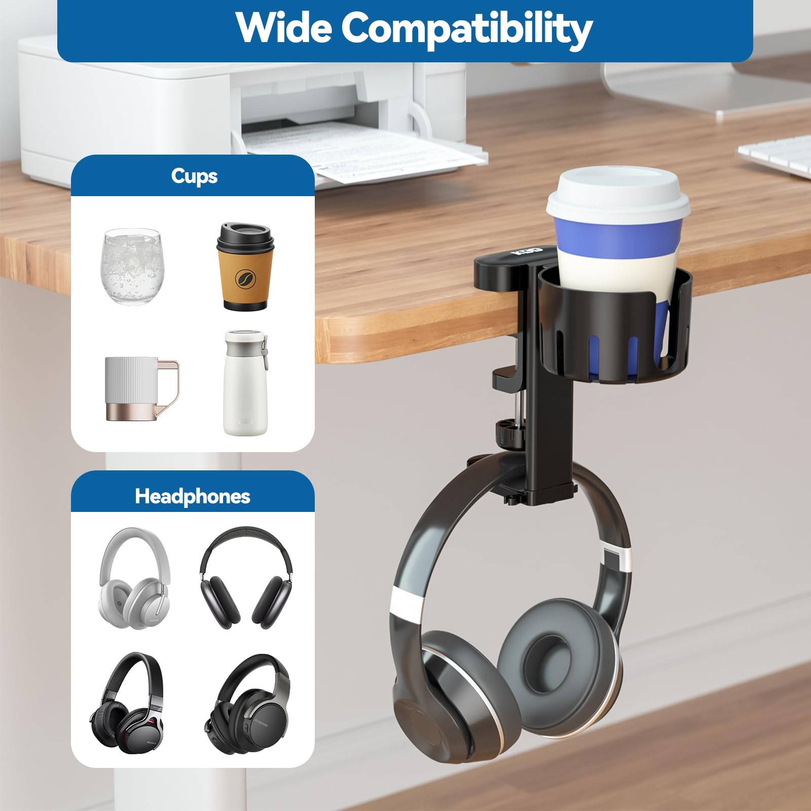KDD 2-in-1 Rotatable Under Desk Headphone Hanger with Cup Holder - Space Saving Headset Stand for Gaming, Office & Home Use - Holds Coffee Mugs, Water Bottles & Headphones (Black)