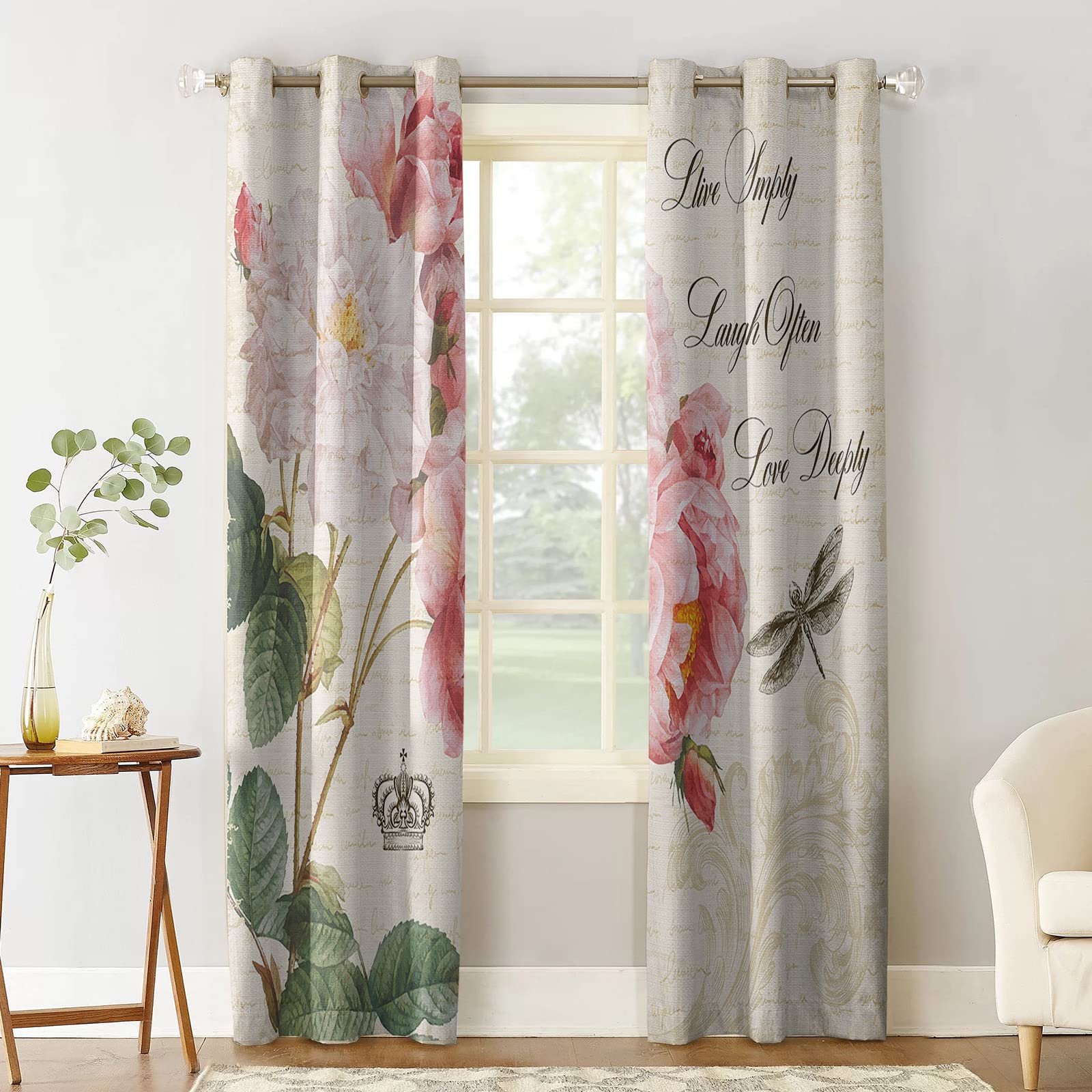 2 Panels Dragonfly Rose Floral Crown 3D Printed Blackout Curtains - Thermal Insulated Grommet Window Drapes for Bedroom & Living Room (108