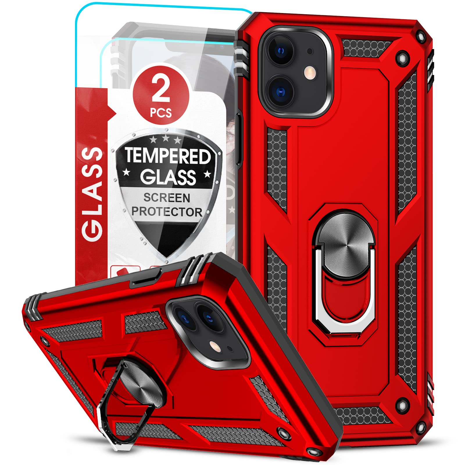 LeYi iPhone 11 Case for Women with Magnetic Ring Kickstand & 2 Pack Tempered Glass Screen Protectors - Military-Grade Armor Protection, Scarlet Red - Perfect for Work, Travel and Everyday Use