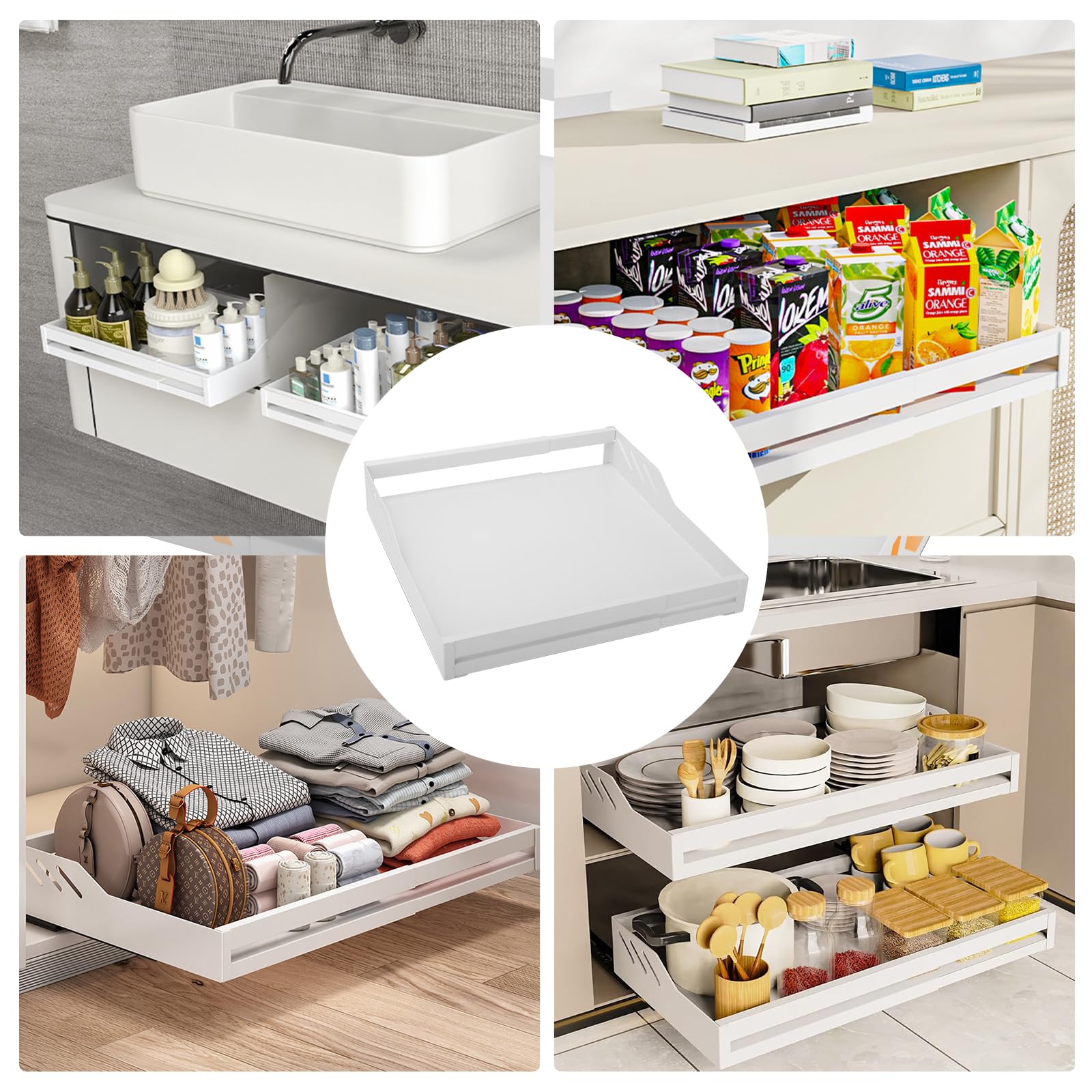 Expandable Telescopic Drawer Slide Organizer - Adjustable Width 33-55cm, White Kitchen Cabinet Storage Shelf for Pantry, Bathroom & Sink Area - Perfect for Utensils, Spices & Cleaning Supplies Organization