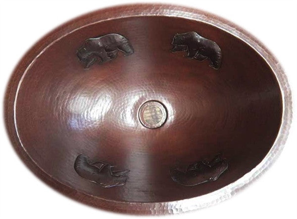 Handmade Oval Copper Sink with Flat Edge - Bear Design Farmhouse Kitchen Sink - Perfect for Rustic Bathroom Vanity or Country Style Kitchen Decor