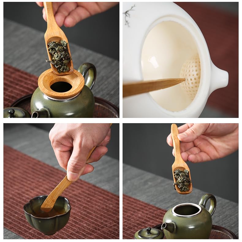 Premium Bamboo GongFu Tea Set - Tea Scoop, Tongs, Tea Needle & Funnel in Square Canister | Traditional Chinese Tea Ceremony Tools for Home & Office Tea Brewing