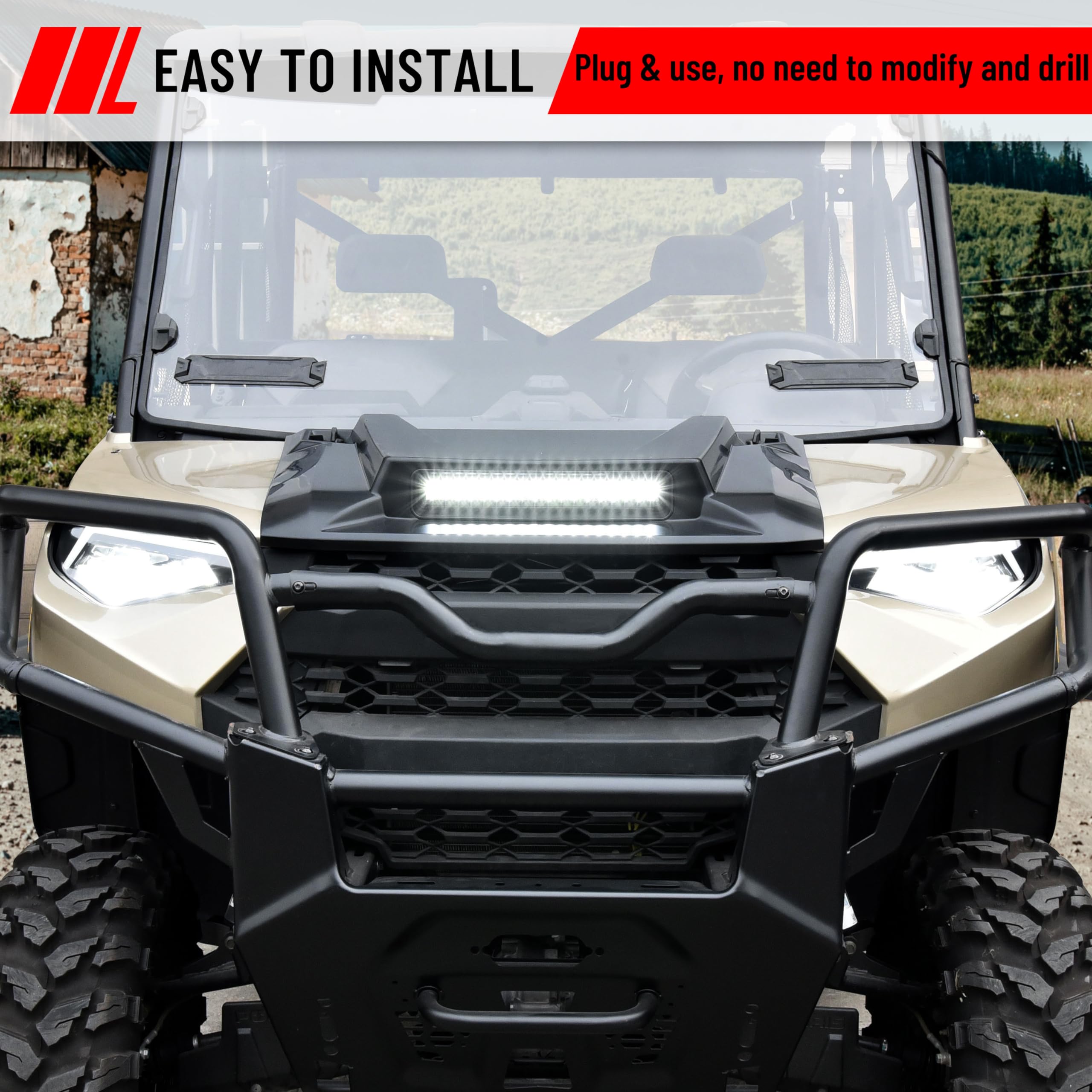 SAUTVS Sport Hood Scoop with LED Spotlight for Polaris Ranger XP 1000 & Crew XP 1000 (2018-2024) | LED Auxiliary Light Kit | Off-Road UTV Accessories for Night Riding & Trail Adventures