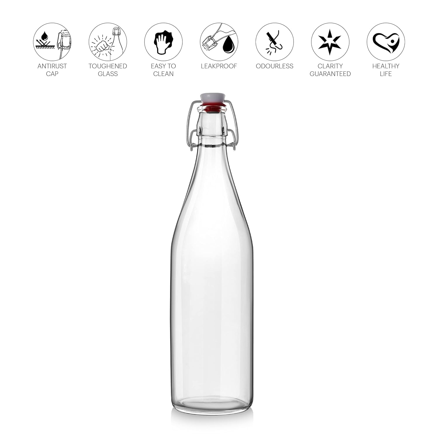 WQR Flip Top Glass Water Bottle - 1 Liter Leak Proof Swing Top Bottle with Airtight Stopper - Perfect for Water, Juice, Beer, Oil, Vinegar & Soda Storage - Clear Glass Beverage Container (Pack of 4) - Ideal for Home, Office, Camping & Outdoor Activities