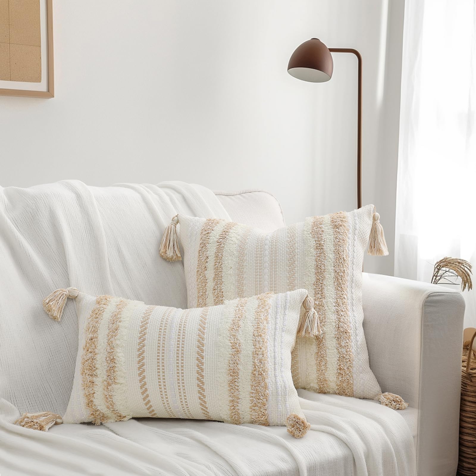 Boho Throw Pillow Covers 20x20 Set of 2 - Neutral Textured Tufted Decorative Pillow Covers for Couch, Bed, Sofa & Living Room - Striped Khaki and Cream White - Perfect for Bohemian Home Decor & Cozy Interior Styling