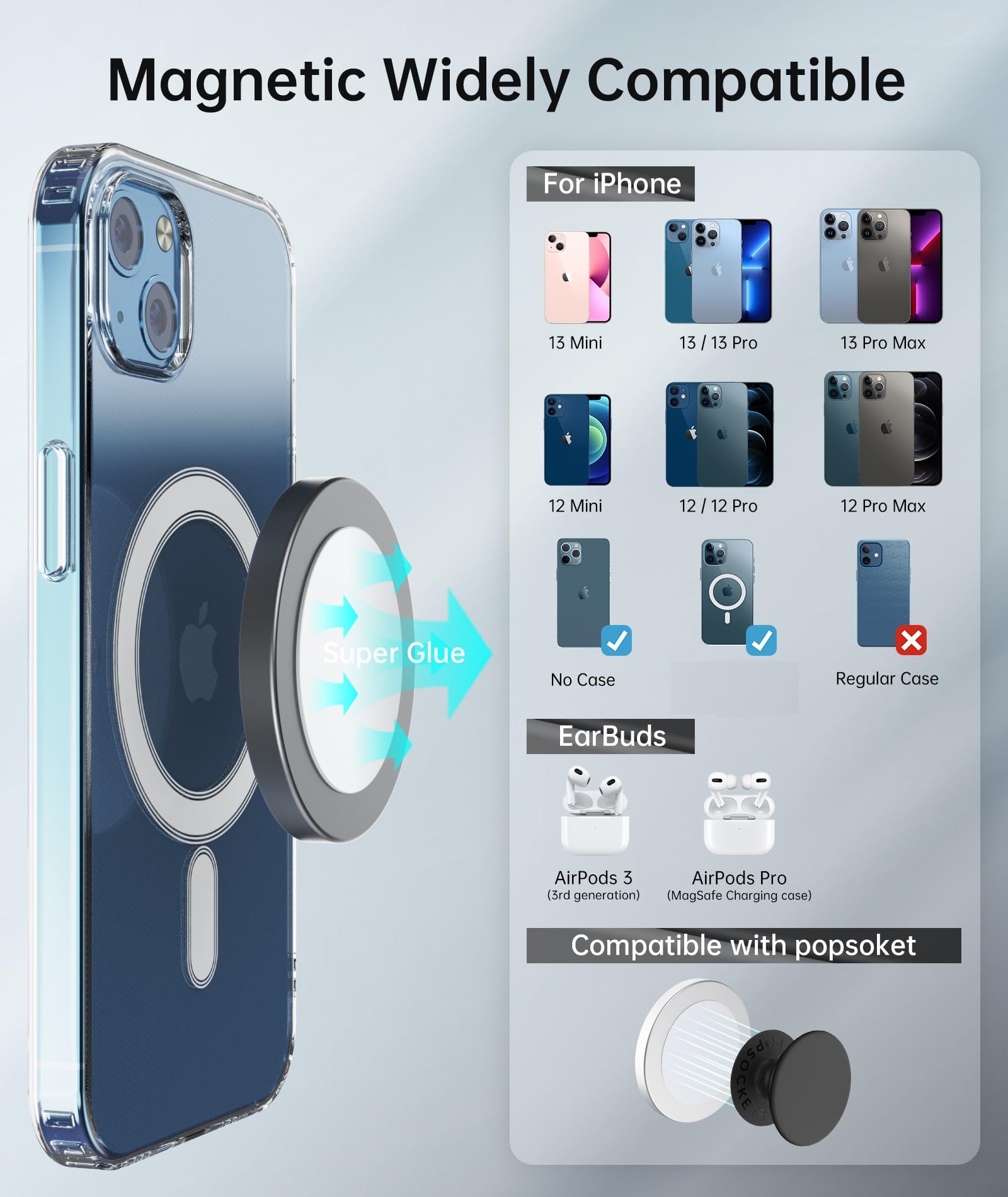 ARLIFE Sticky Magnetic Phone Wall Mount - Compatible with Magsafe iPhone 14/13/12 Mini/Pro/Max, Samsung & All Smartphones with Metal Ring - Strong Magnetic Car Dashboard & Shower Mount Holder for Home, Office, Kitchen, Bathroom Use