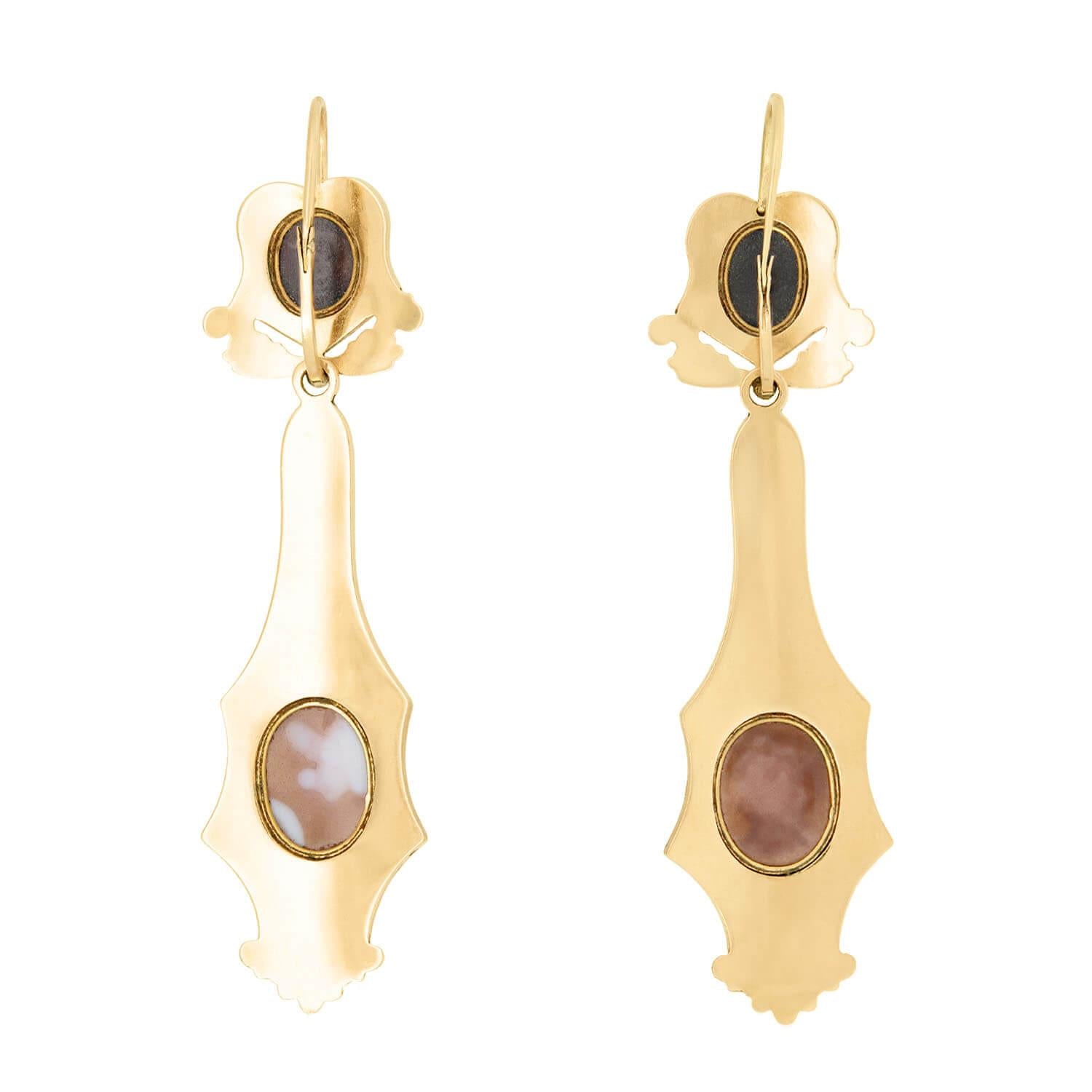 Victorian 18k Gold Shell Cameo Swiss Enamel Day & Night Earrings - Antique Jewelry for Weddings, Parties & Special Occasions
