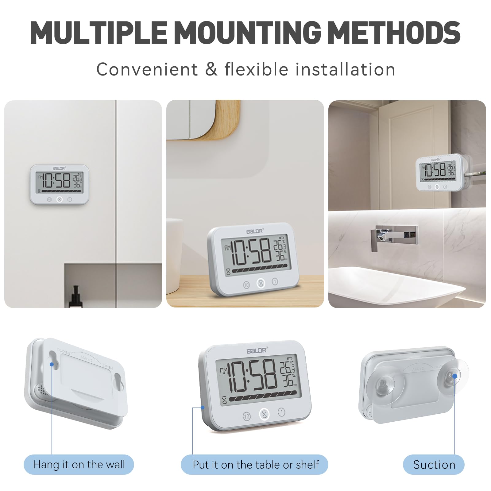 Waterproof Digital LCD Shower Clock with Temperature & Humidity Display - Bathroom Wall Mount Timer for Shower, Spa, Pool - White (2 Suction Cups, Time/Temp/Humidity) - Perfect for Home, Gym & Travel Use