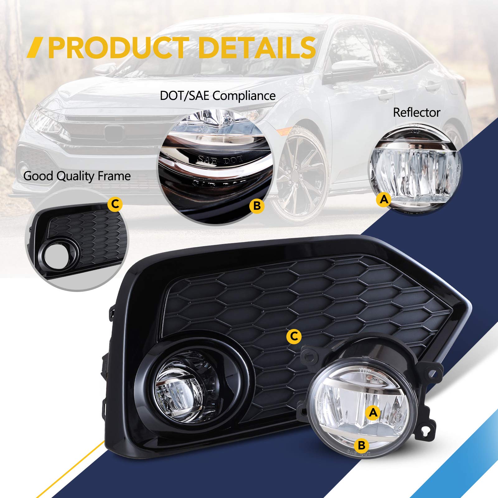 2017-2019 Honda Civic Hatchback/Si LED Fog Lights Kit - Clear Lens Fog Lamps with Wiring Harness & Switch (1 Pair) - Perfect for Night Driving and Bad Weather Conditions