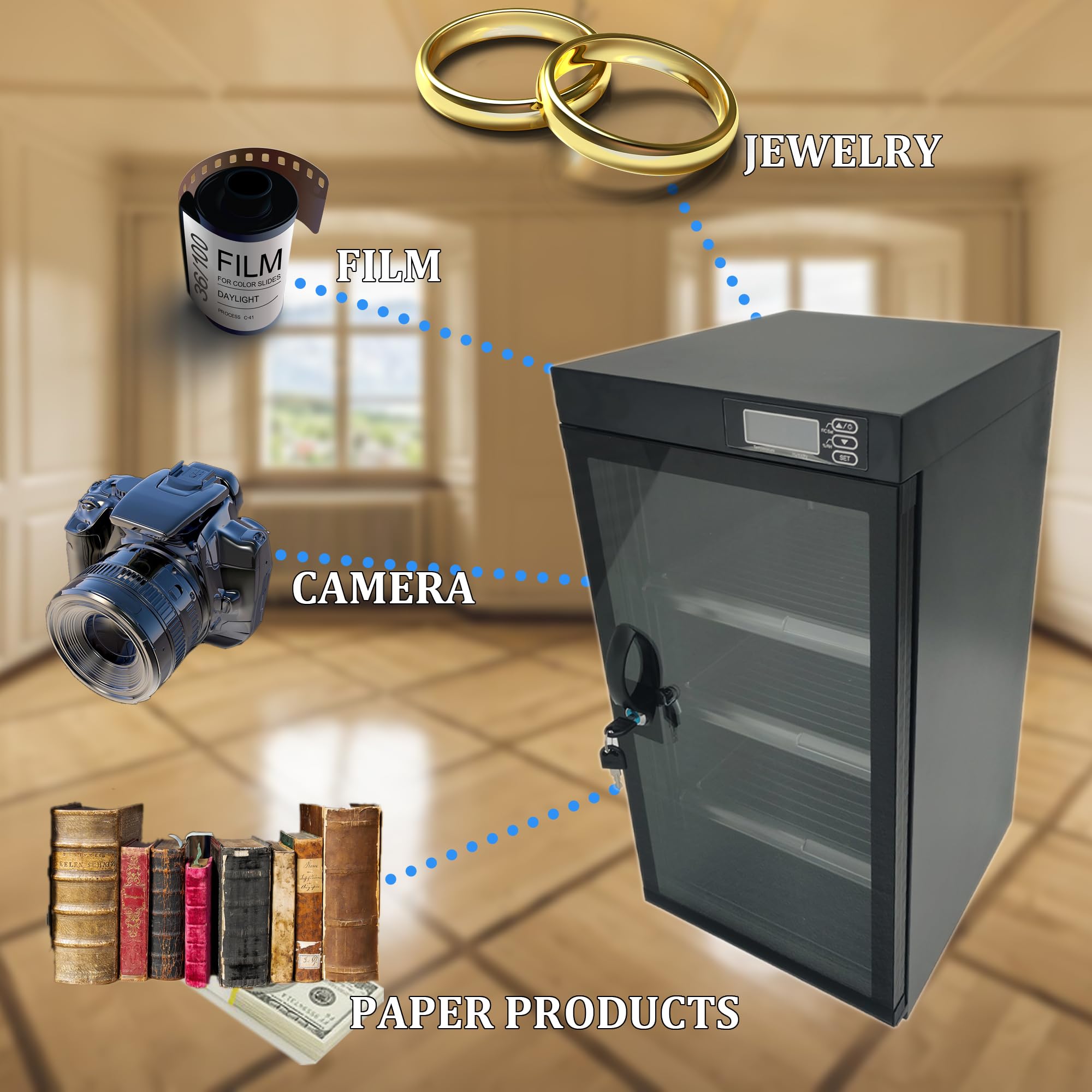 INTSUPERMAI 80L Digital Control Dehumidifying Dry Cabinet with Key Lock - Safe Storage for Camera Lenses & Electronic Equipment (100-240V, 4 Wheels) - Perfect for Photography Studios, Labs & Humidity-Sensitive Electronics Storage