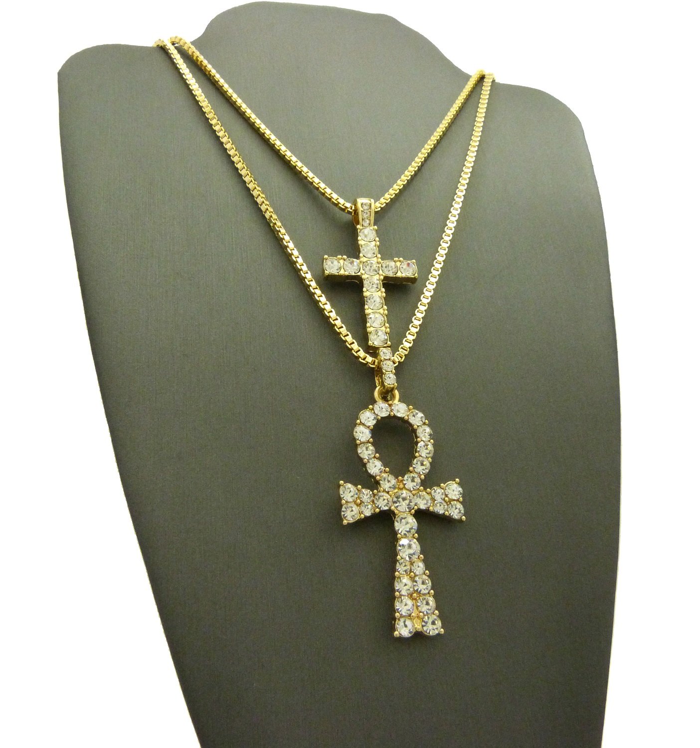 Iced Out Micro Ankh & Cross Pendant Necklace Set - 20