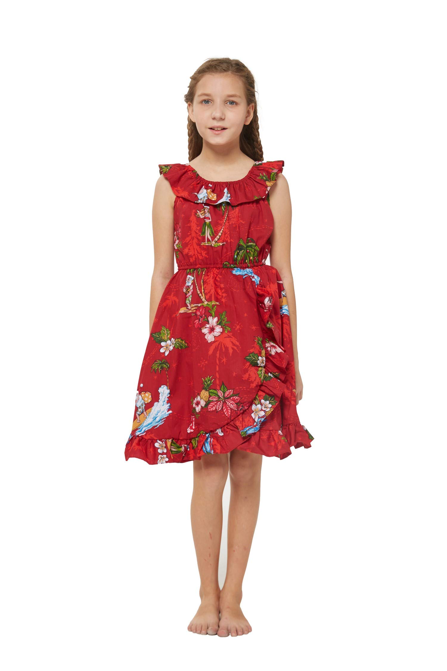 Girl's Luau Wrap Ruffle Dress - Christmas Santa in Hawaii Red - Perfect for Holiday Parties & Tropical Vacations