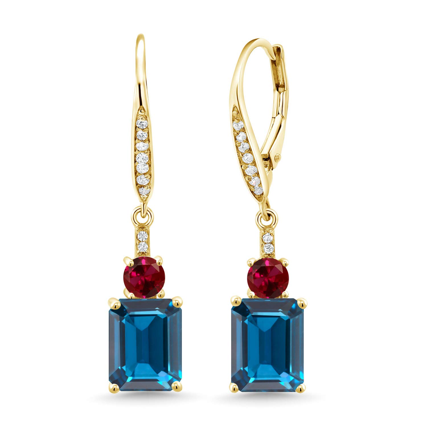 5.92 Ct London Blue Topaz & Red Created Ruby 18K Yellow Gold Plated Silver Dangle Earrings for Women | Gem Stone King | Elegant Jewelry Gift for Birthday, Anniversary & Special Occasions