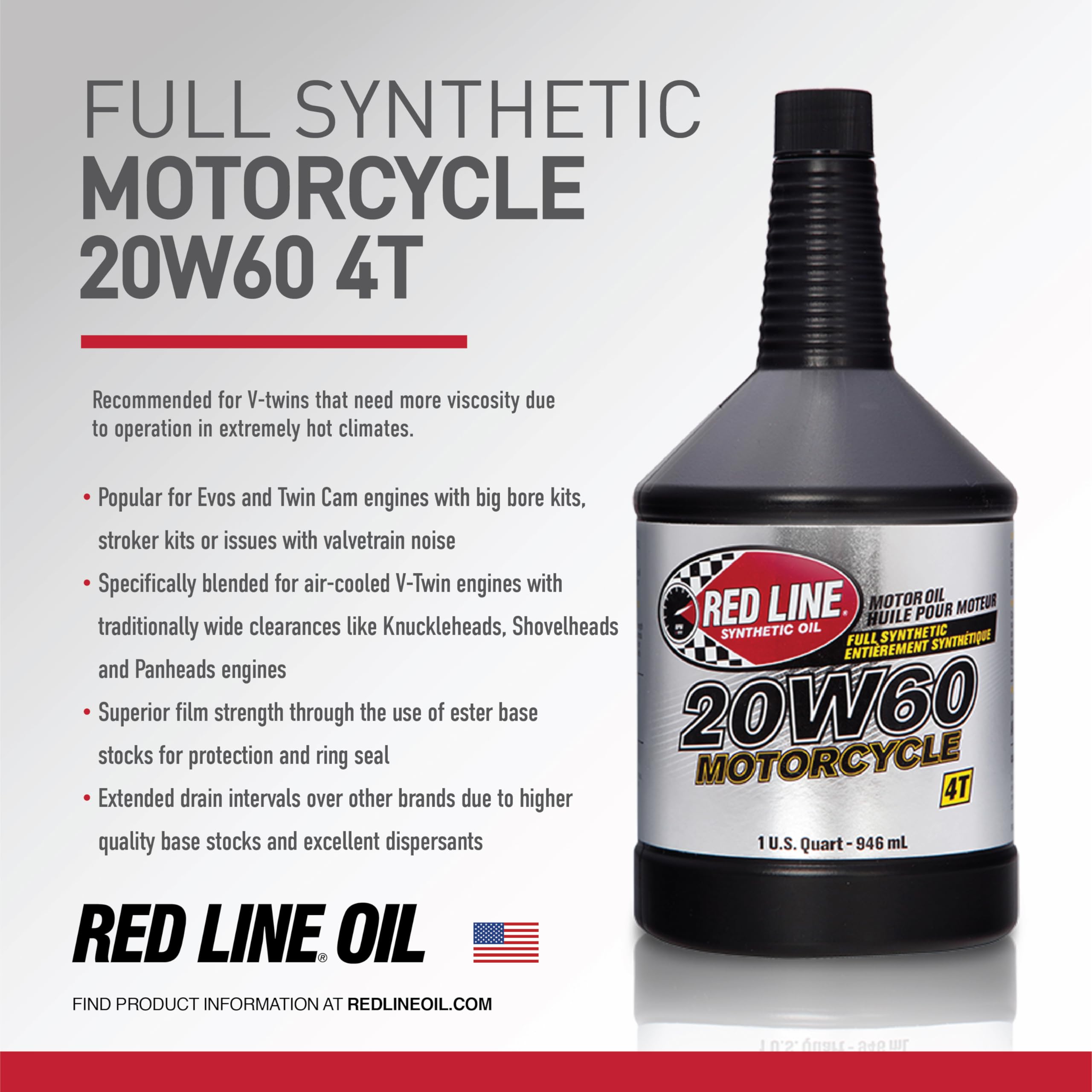 Red Line 12604 20W60 Full Synthetic Motorcycle Engine Oil - 1 Quart (12 Pack) for High-Performance Bikes, Racing & Long-Distance Riding