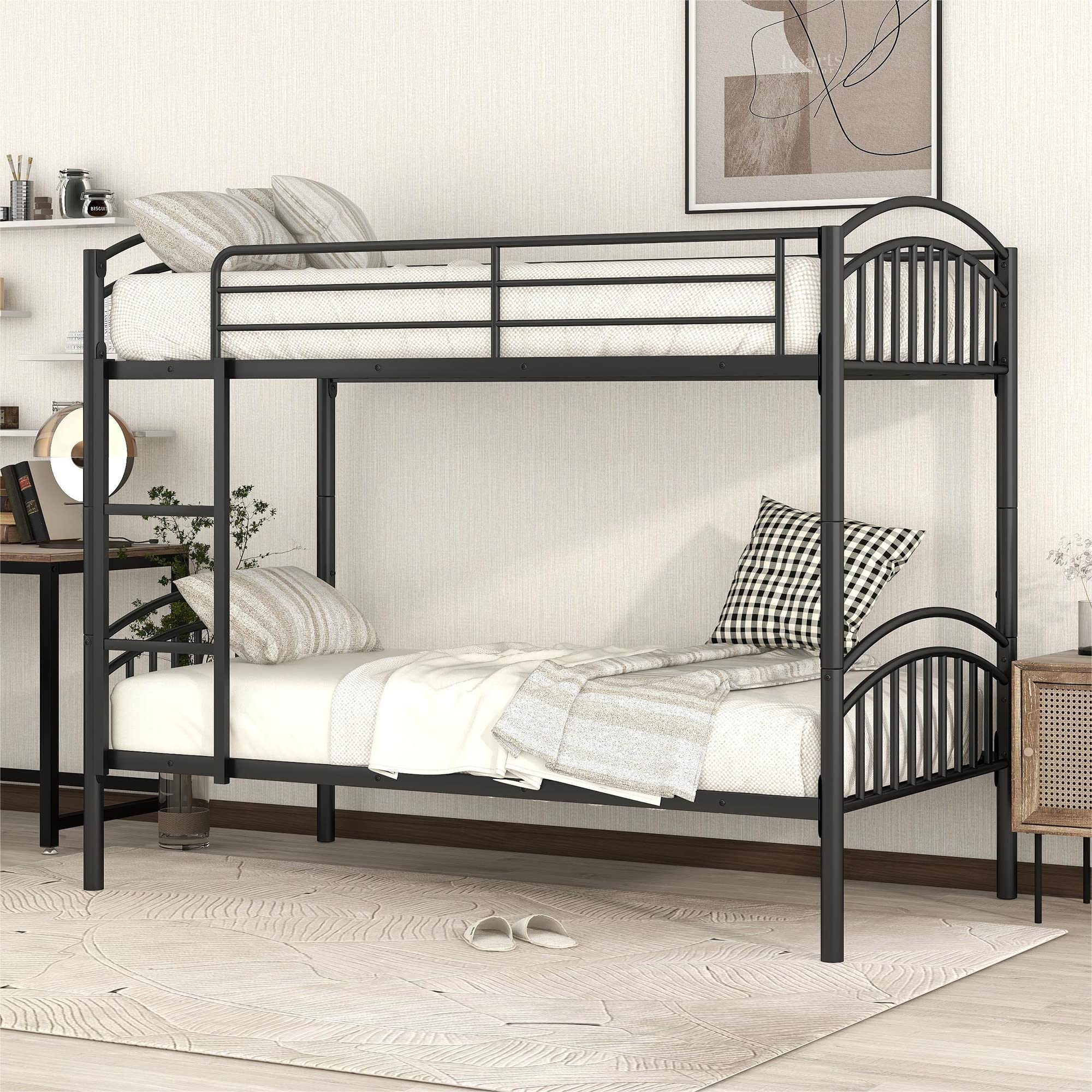 Polibi Twin-Over-Twin Metal Bunk Bed - Heavy Duty Steel Frame with Safety Guardrails & Ladder - Converts to 2 Separate Twin Beds (Black) - Perfect for Kids Rooms, Dormitories & Space-Saving Bedroom Solutions