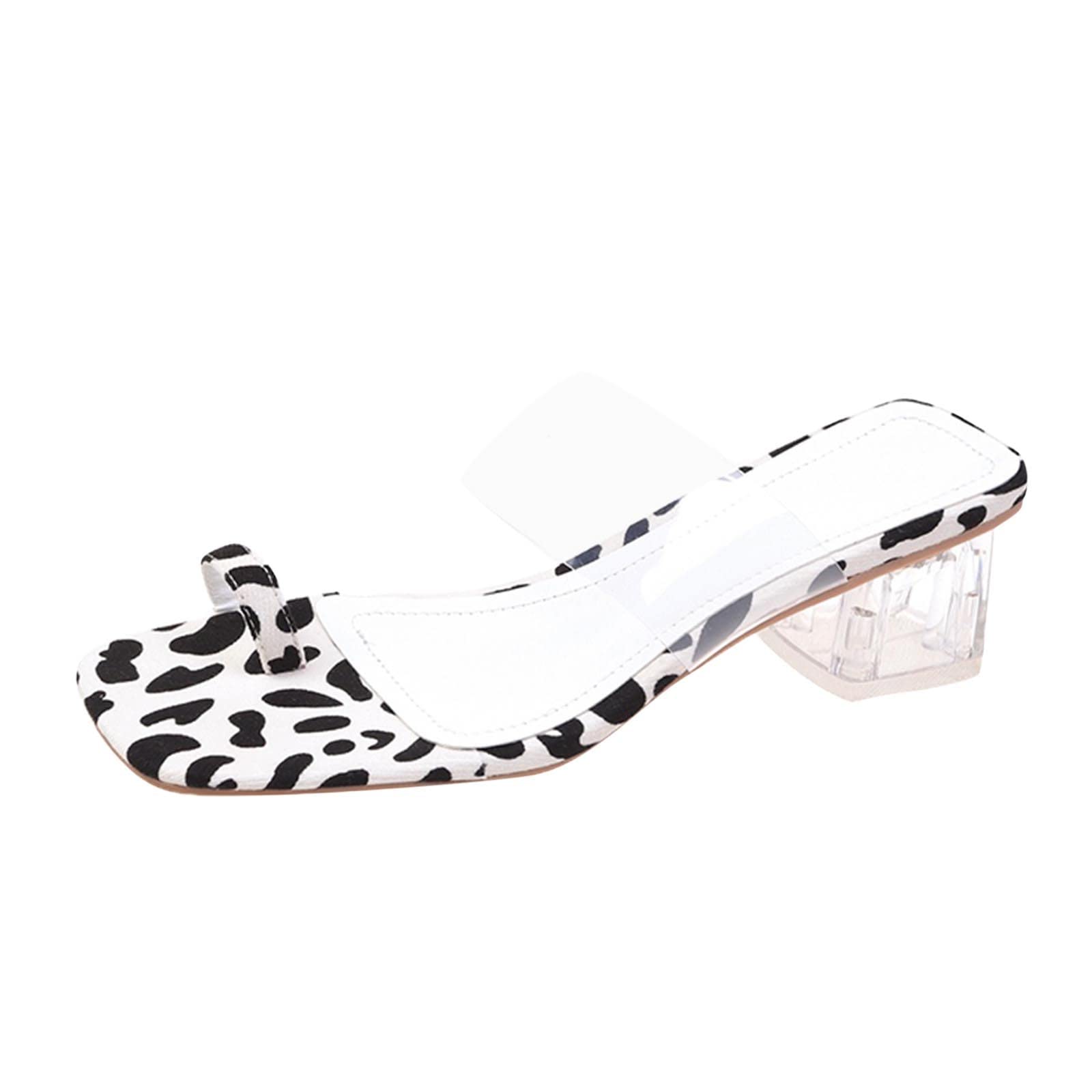 Women's Black Low Heel Sandals - Open Toe Crystal Chunky Heel Leopard Print Transparent Strap Fashion Sandals for Spring & Summer | Size 7.5 White | Perfect for Beach, Vacation, and Casual Outings