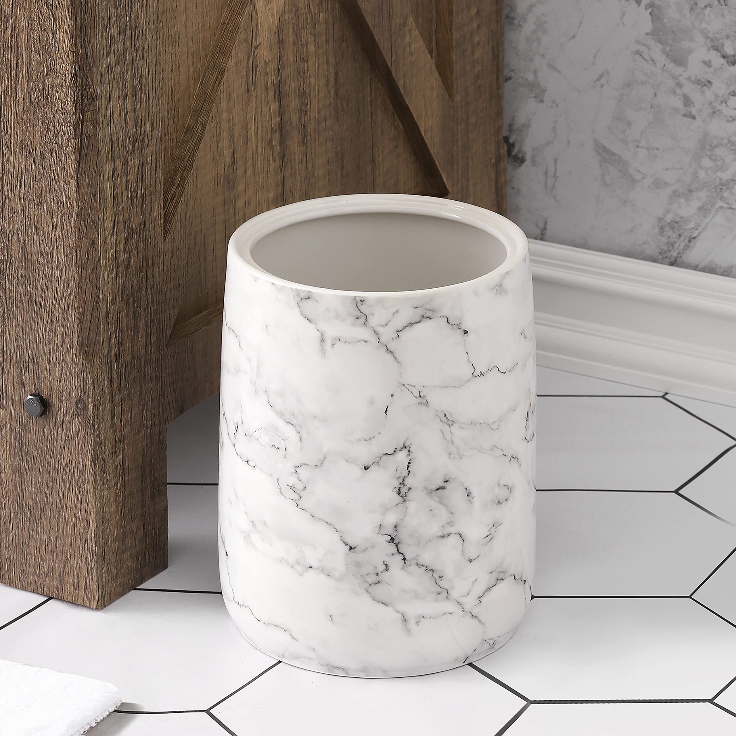 Elegant Ceramic Bathroom Trash Can with Marble Look - Decorative Wastebasket for Bathroom, Bedroom & Office - Perfect for Home, Hotel & Spa Decor