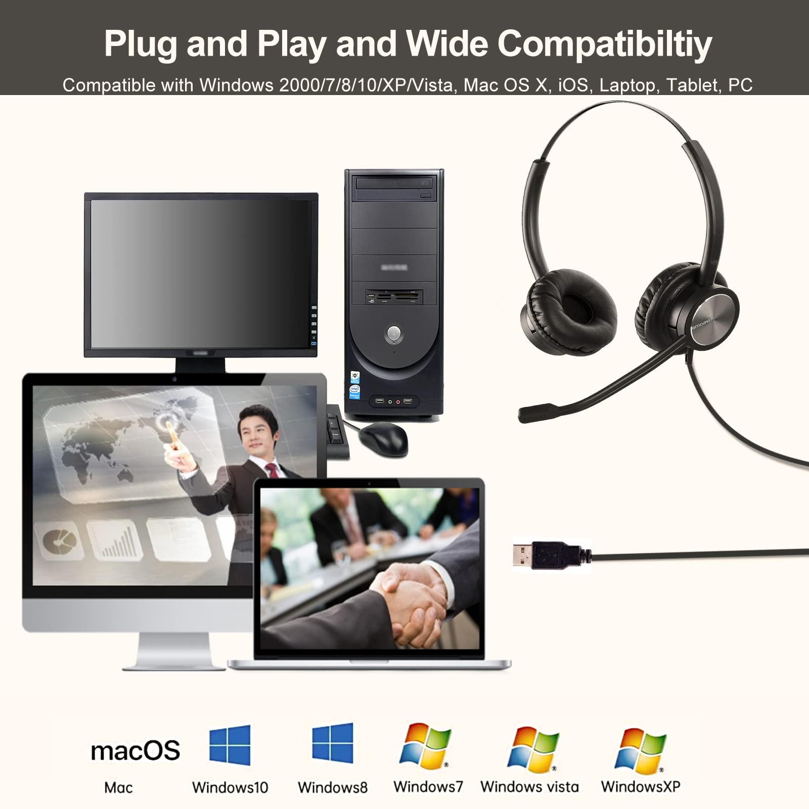 USB Wired Headphones with Noise Cancelling Microphone for Laptop, PC, Call Center & Office - Compatible with Dragon Dictation, Zoom, Teams, Google Meet, Skype - Perfect for Remote Work, Online Meetings & Customer Service