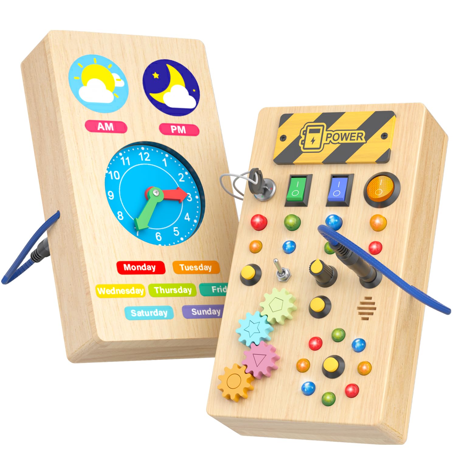 Montessori Wooden Busy Board for Toddlers 1-3 Years - Sensory Learning Toy with LED Light & Toggle Switch - Perfect Travel, Preschool & Birthday Gift for 1+ Year Olds (Great for Airplane Rides, Car Trips & Early Childhood Development)