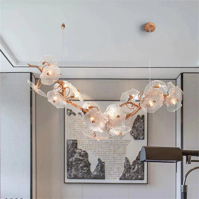 Modern Leaf Glass Flower Linear Branch Chandelier - Elegant Island Pendant Light for Dining Room, Kitchen, or Living Room Decor