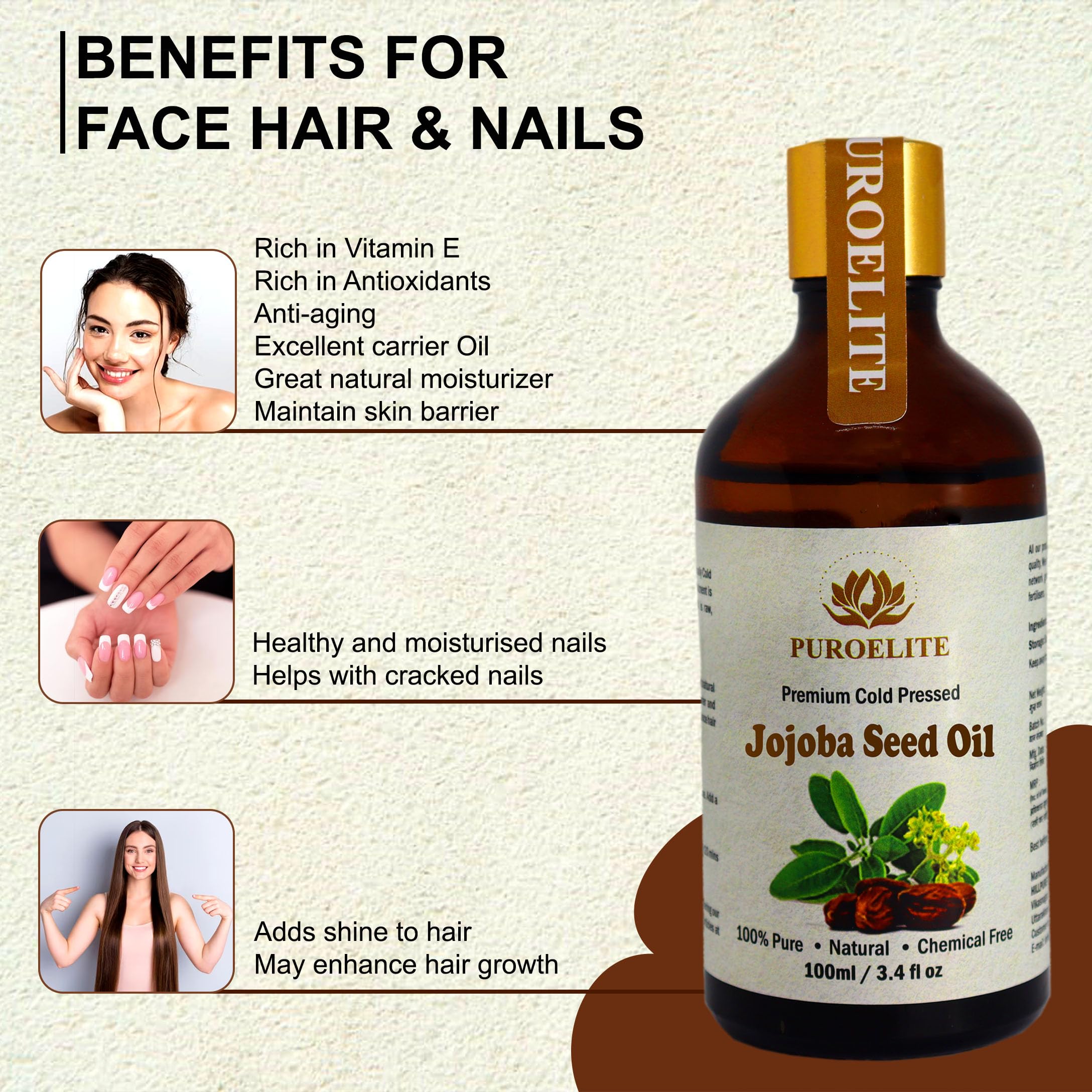 Puroelite Premium Cold Pressed Jojoba Seed Oil - 100% Pure & Natural for Face, Hair & Body Care - Glass Bottle with Dropper (100ml) - Ideal for Moisturizing, Hair Growth & Skin Hydration