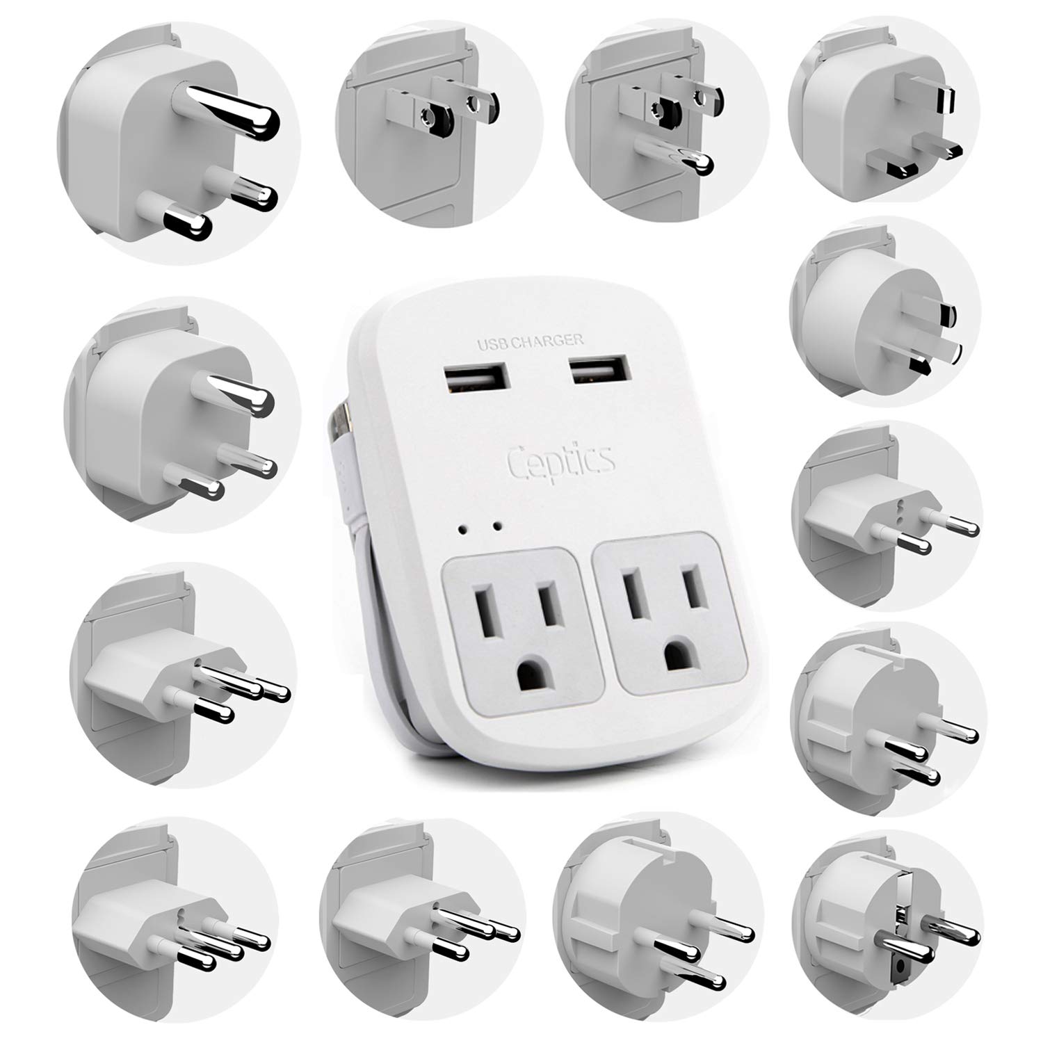 Ceptics 13-in-1 International Travel Plug Adapter Kit with Dual USB Ports & Surge Protection - Worldwide Compatible for Laptops, Phones & Chargers - Perfect for Business Trips, Vacations & Study Abroad