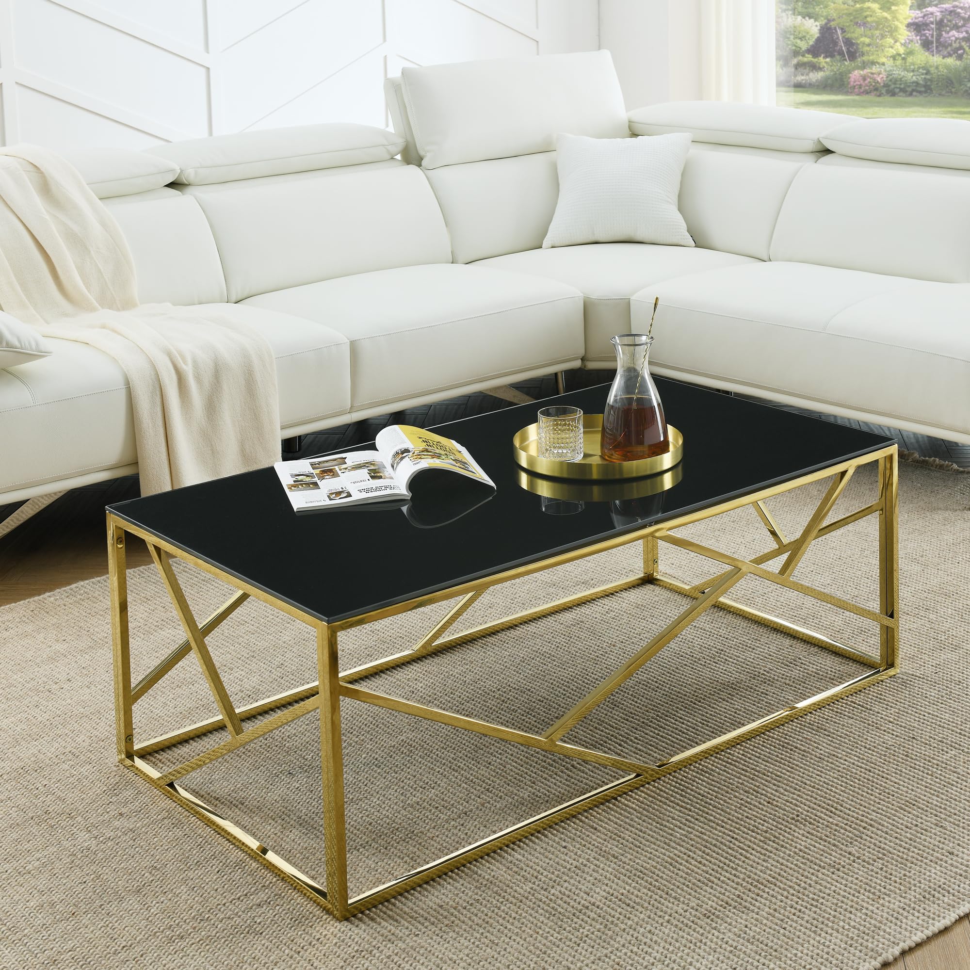 Modern Black Rectangular Tempered Glass Coffee Table with Stainless Steel Frame - Living Room Centerpiece for Home, Office & Lounge Decor